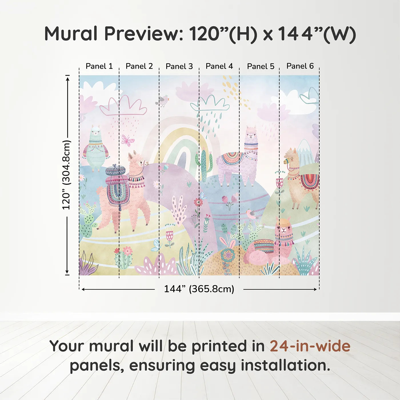Whimsy Tots Llama Rainbow Hills Wall Muraldimension view (120" H x 144" W). Printed in six 24-inch-wide panels. Gender-Neutral