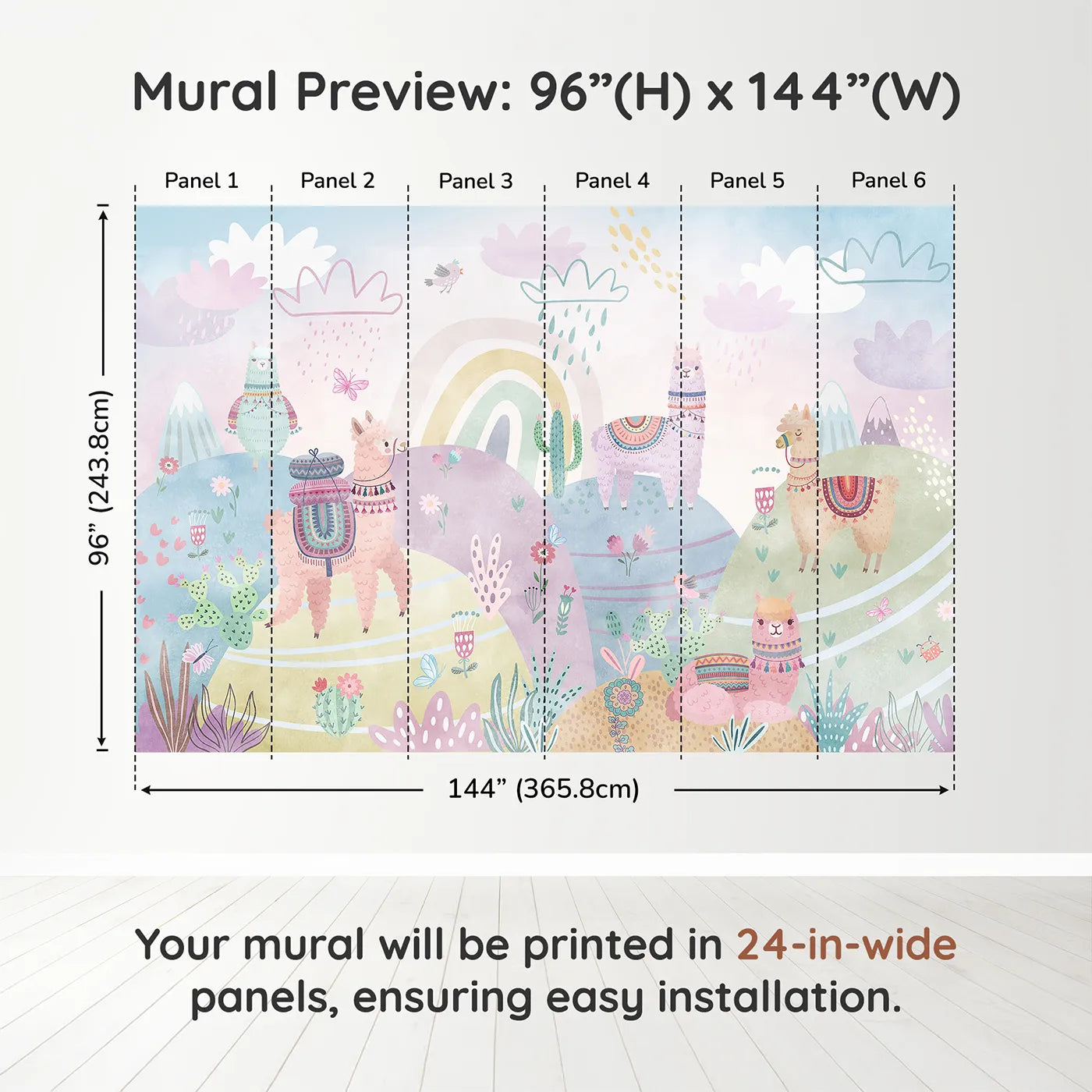 Whimsy Tots Llama Rainbow Hills Wall Muraldimension view (96" H x 144" W). Printed in six 24-inch-wide panels. Gender-Neutral