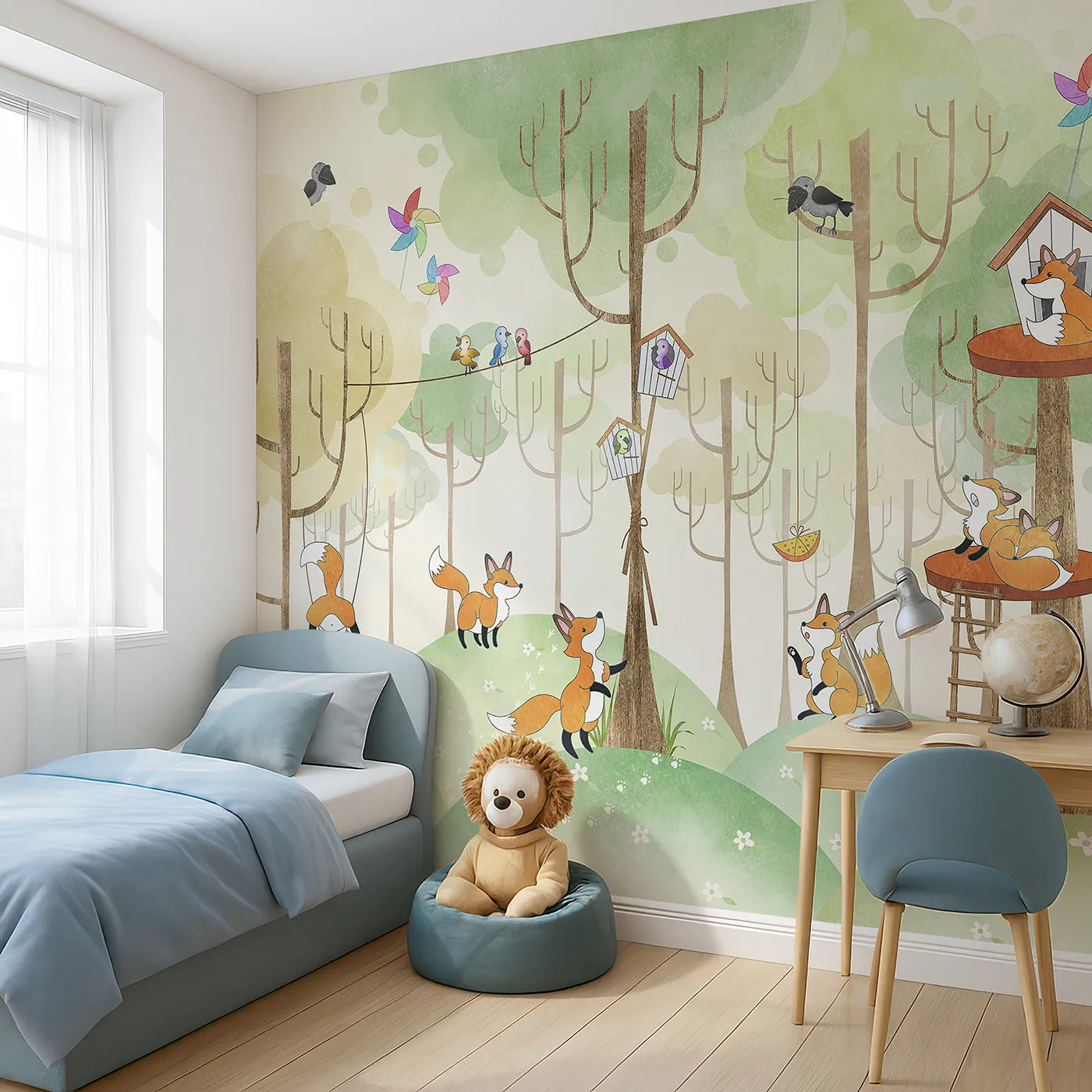 Angled view of Whimsy Tots' Fox Playground Wall Mural (Turn Their Room into the Busiest, Happiest Fox Playground).Gender-Neutral