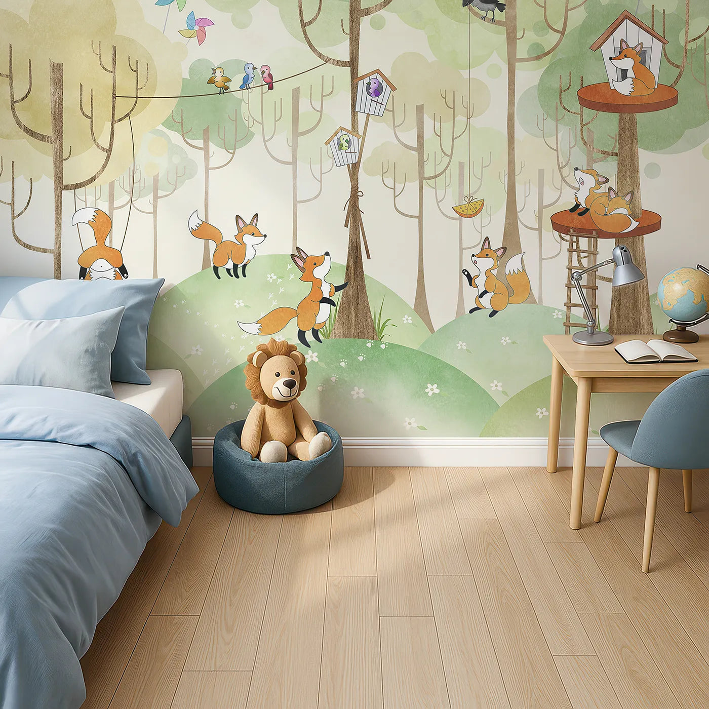 Top-down view of Whimsy Tots' Fox Playground Wall Mural (Turn Their Room into the Busiest, Happiest Fox Playground).Gender-Neutral