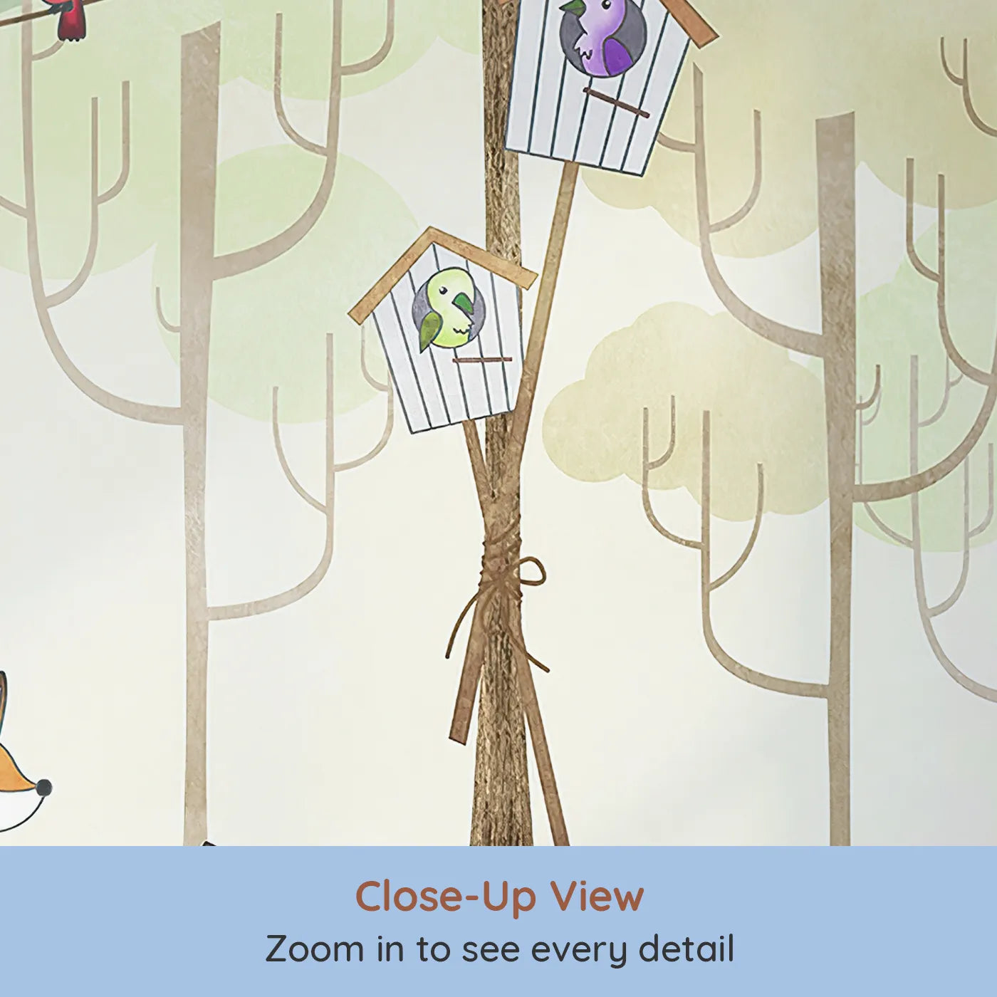 Close-up view of Whimsy Tots' Fox Playground Wall Mural (Turn Their Room into the Busiest, Happiest Fox Playground).Gender-Neutral