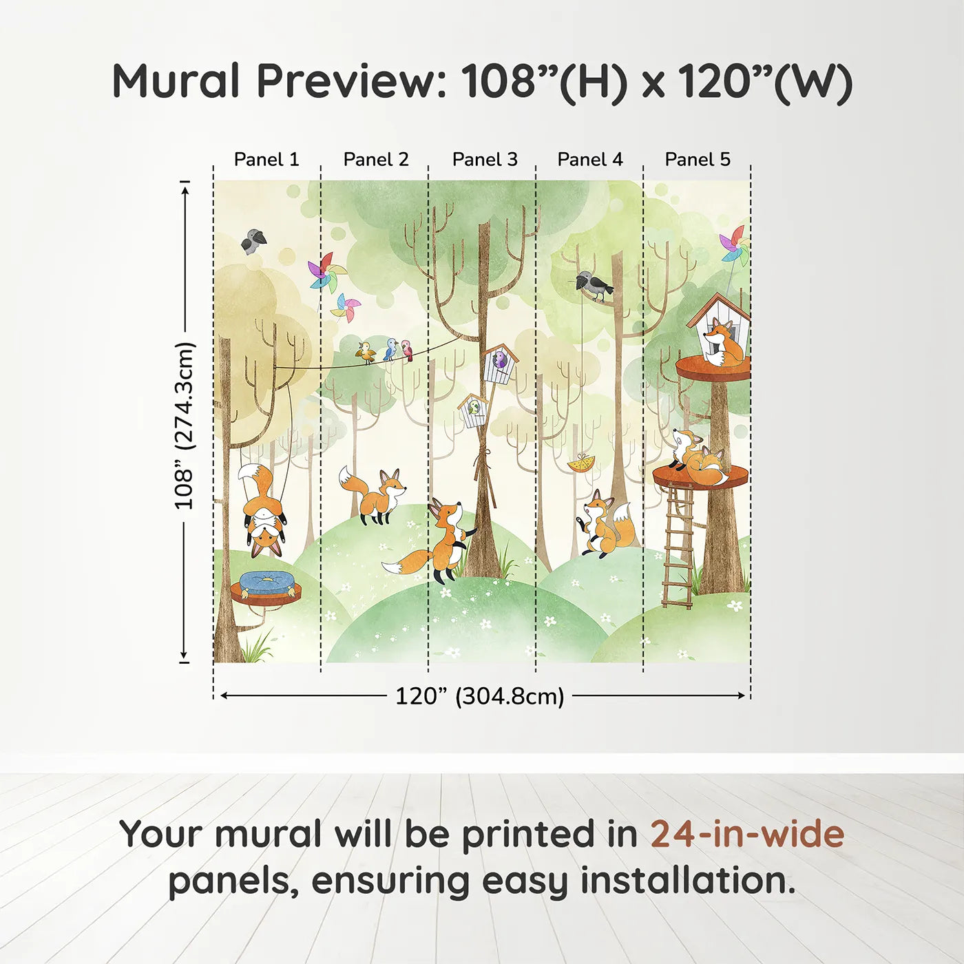 Whimsy Tots Fox Playground Wall Muraldimension view (108" H x 120" W). Printed in five 24-inch-wide panels. Gender-Neutral