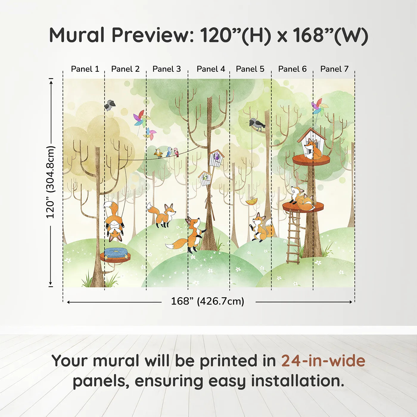 Whimsy Tots Fox Playground Wall Muraldimension view (120" H x 168" W). Printed in seven 24-inch-wide panels. Gender-Neutral
