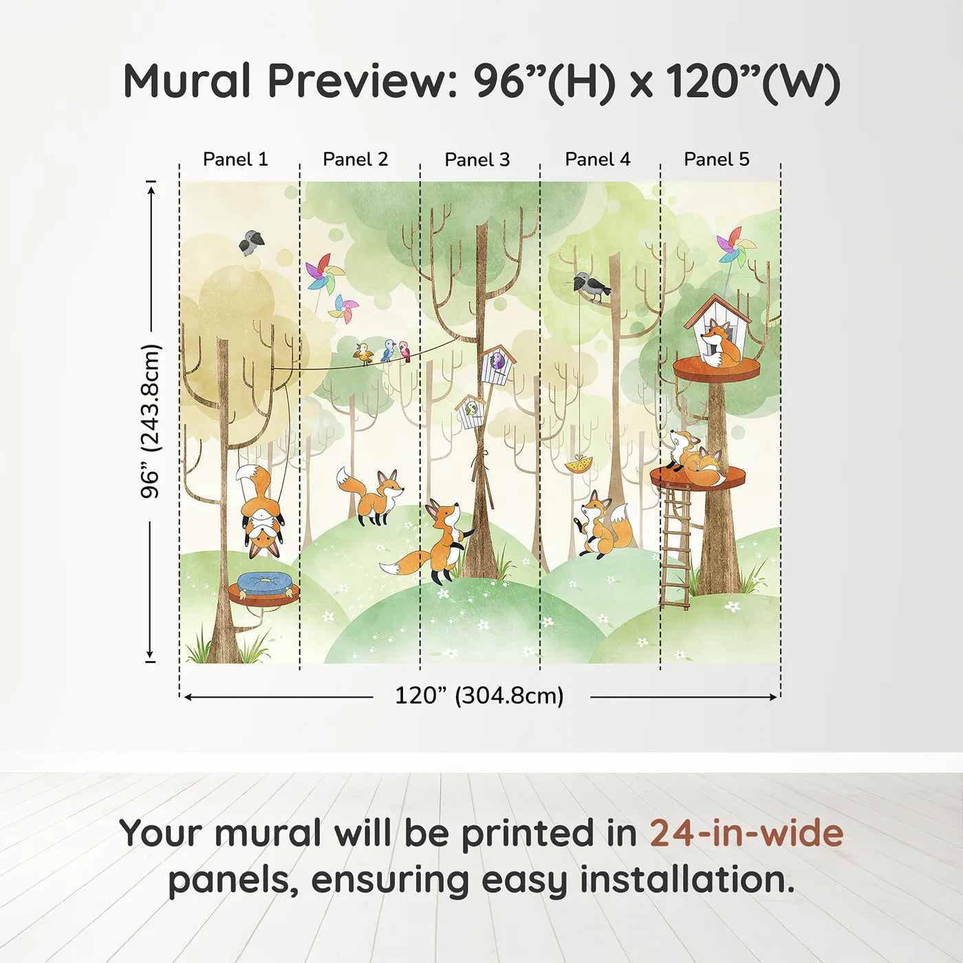 Whimsy Tots Fox Playground Wall Muraldimension view (96" H x 120" W). Printed in five 24-inch-wide panels. Gender-Neutral