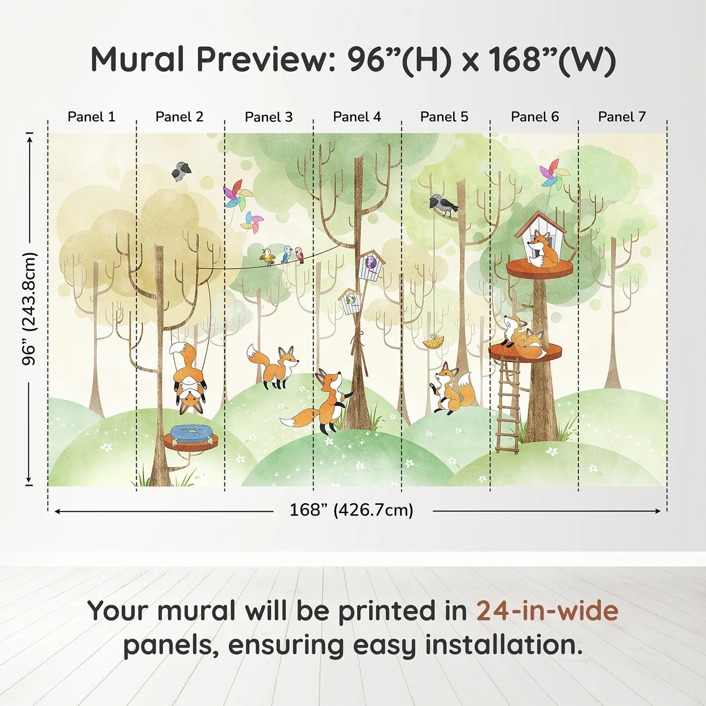 Whimsy Tots Fox Playground Wall Muraldimension view (96" H x 168" W). Printed in seven 24-inch-wide panels. Gender-Neutral