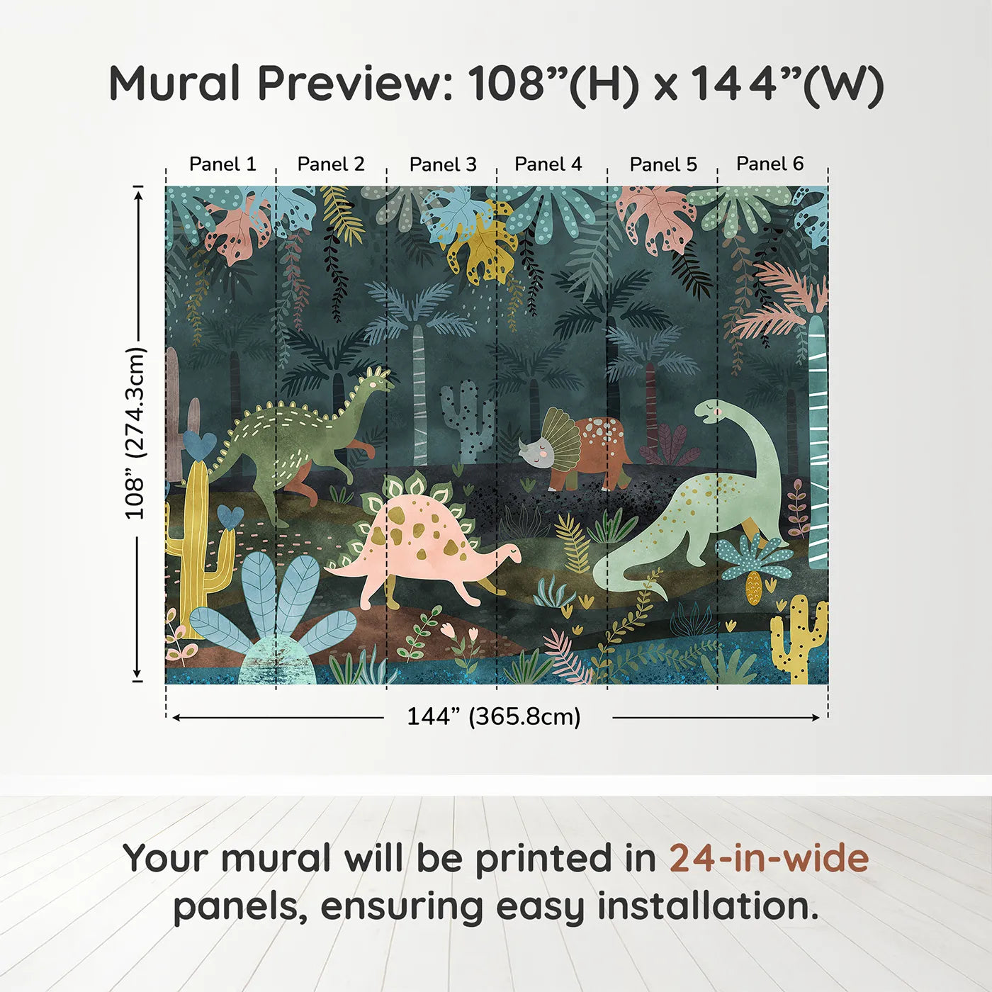 Whimsy Tots Dinosaur Jungle Wall Mural in Tealdimension view (108" H x 144" W). Printed in six 24-inch-wide panels. Gender-Neutral
