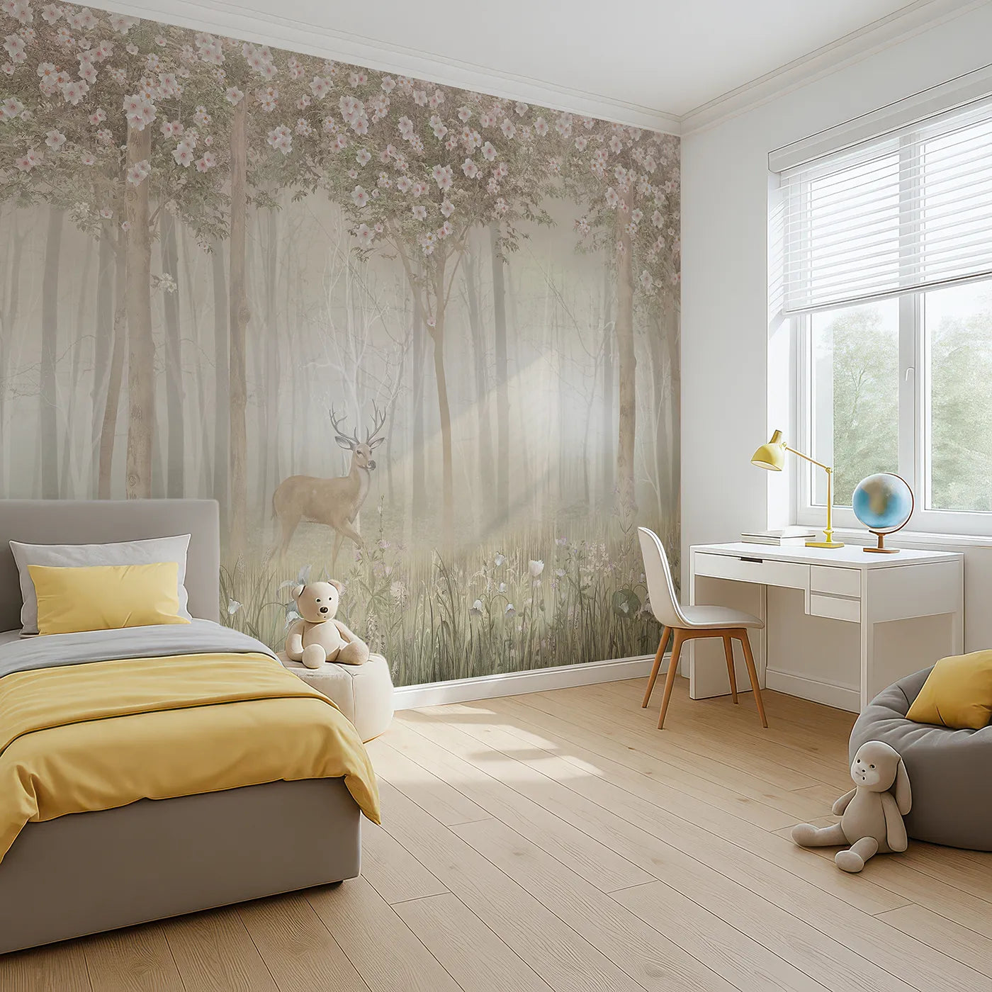 Angled view of Whimsy Tots' Misty Blossom Forest Stag Wall Mural (Turn Their Room into an Enchanted, Blooming Woodland).Gender-Neutral