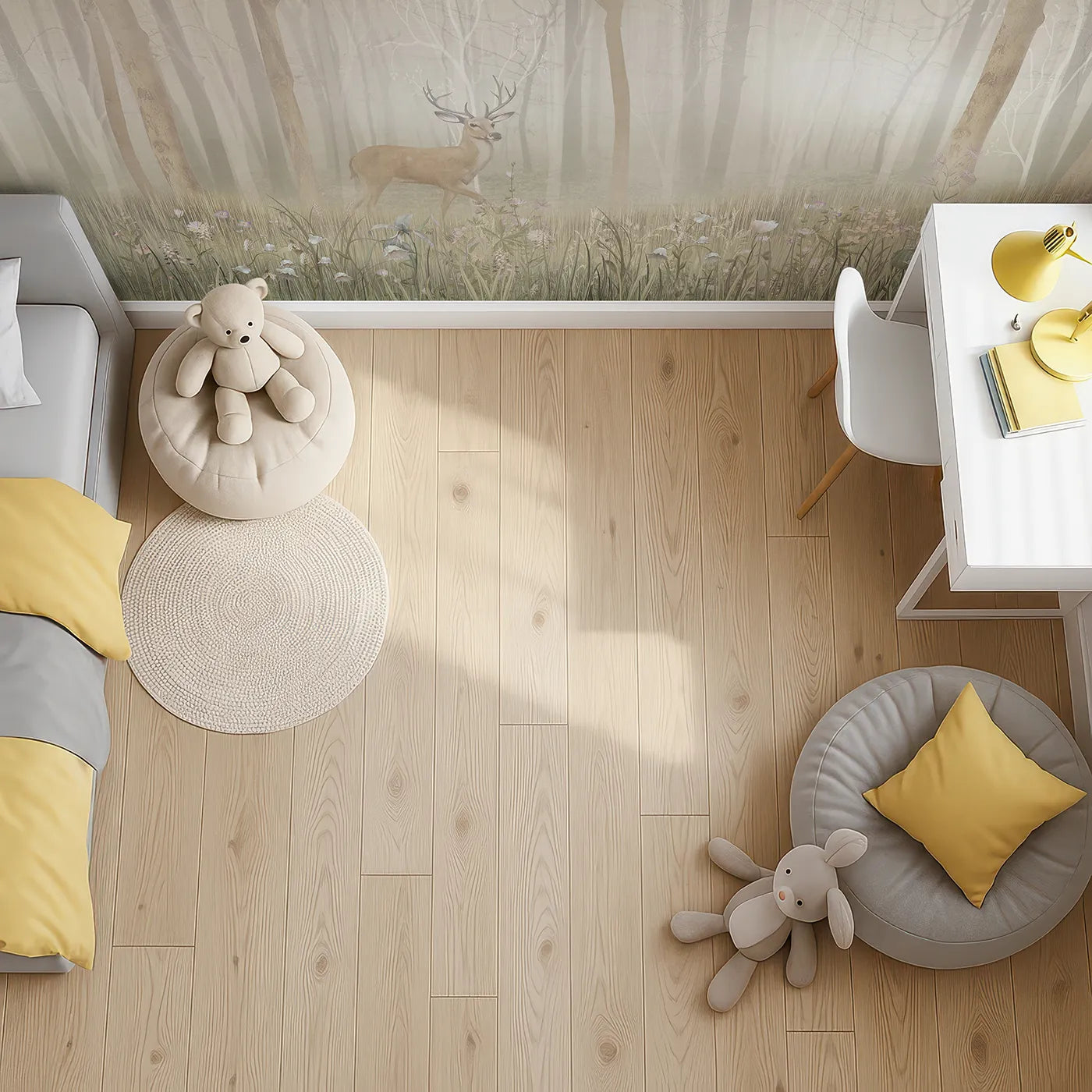 Top-down view of Whimsy Tots' Misty Blossom Forest Stag Wall Mural (Turn Their Room into an Enchanted, Blooming Woodland).Gender-Neutral