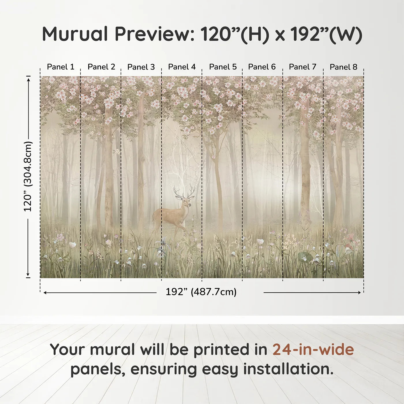 Whimsy Tots Misty Blossom Forest Stag Wall Muraldimension view (120" H x 192" W). Printed in eight 24-inch-wide panels. Gender-Neutral