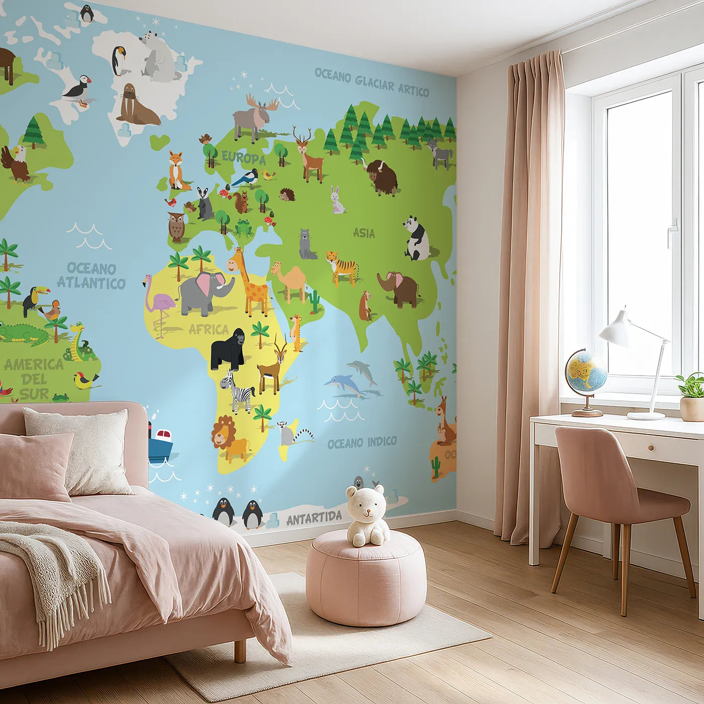 Angled view of Whimsy Tots' Spanish Animal World Map Wall Mural (Turn Their Room into a Fun and Friendly Global Tour).Gender-Neutral