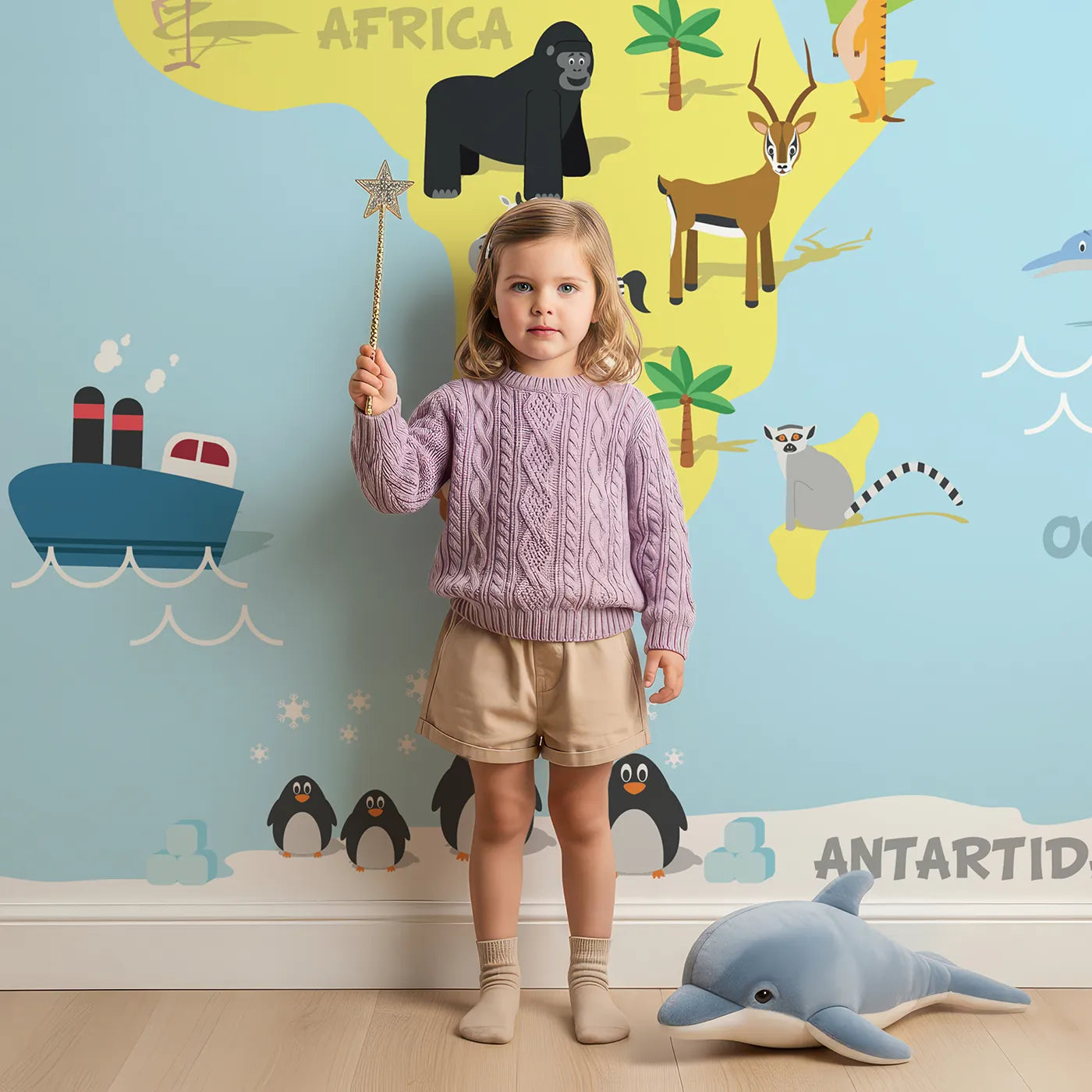 Child in front of Whimsy Tots Spanish Animal World Map Wall Mural with map, world, animal, cute, educational, cartoon, spanish, ocean in design.