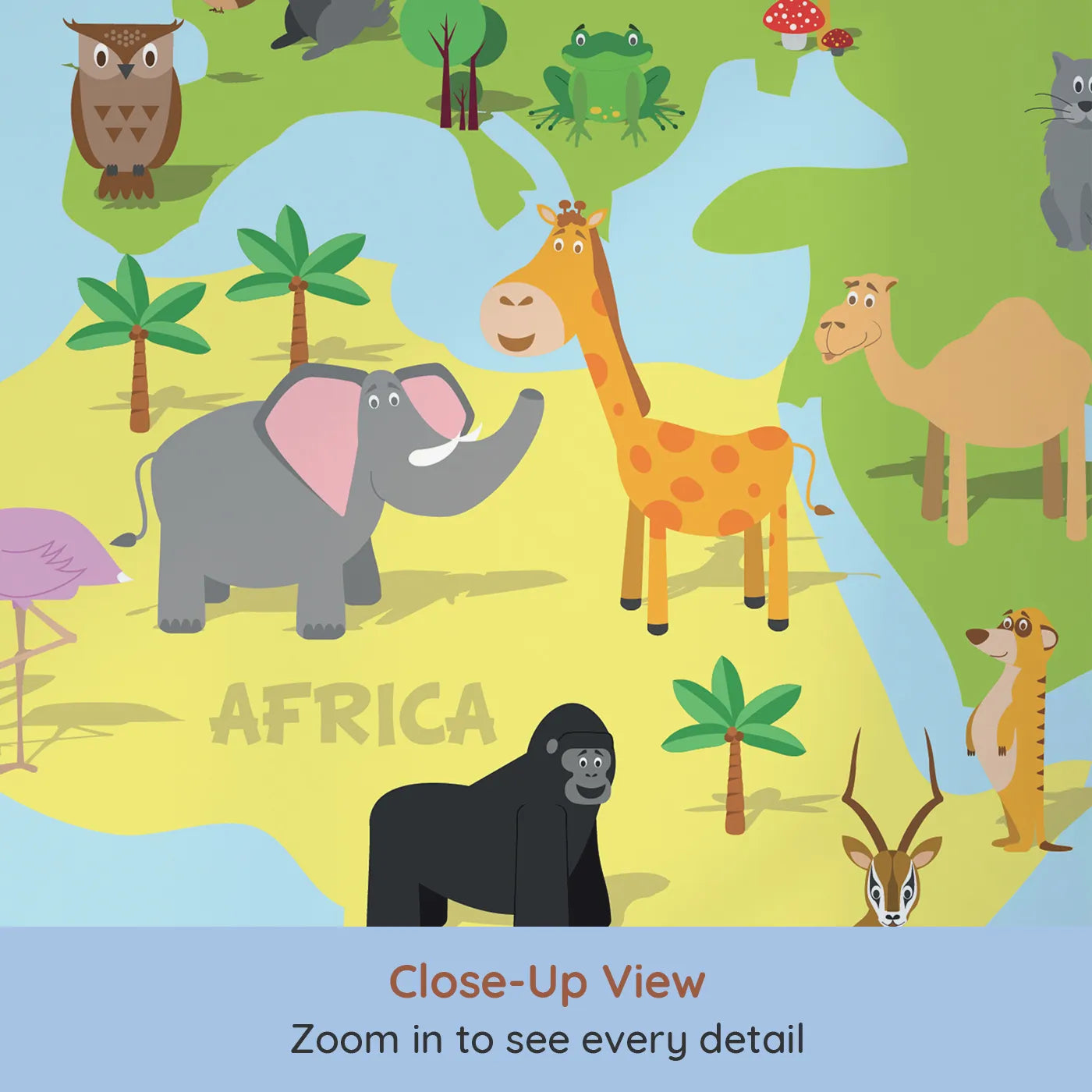 Close-up view of Whimsy Tots' Spanish Animal World Map Wall Mural (Turn Their Room into a Fun and Friendly Global Tour).Gender-Neutral