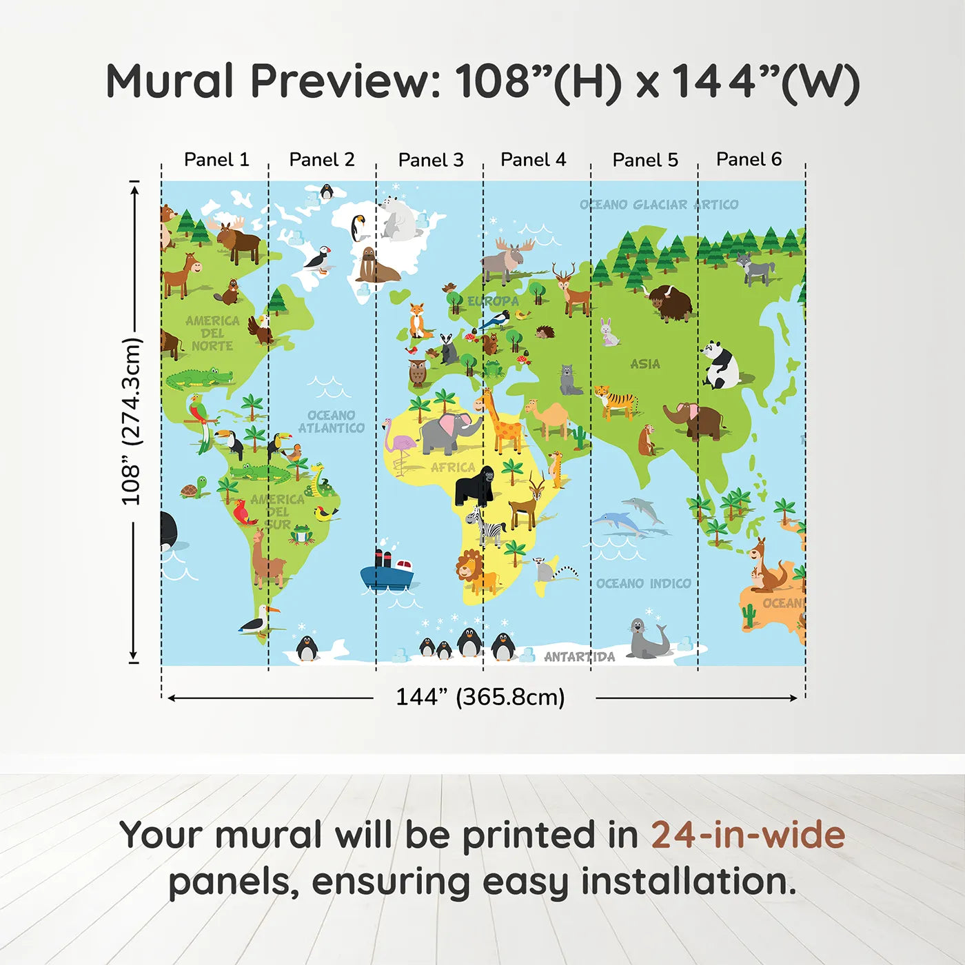 Whimsy Tots Spanish Animal World Map Wall Muraldimension view (108" H x 144" W). Printed in six 24-inch-wide panels. Gender-Neutral