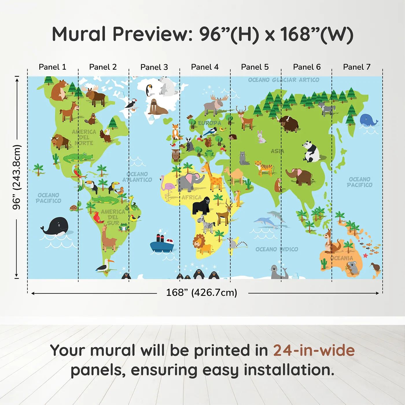 Whimsy Tots Spanish Animal World Map Wall Muraldimension view (96" H x 168" W). Printed in seven 24-inch-wide panels. Gender-Neutral