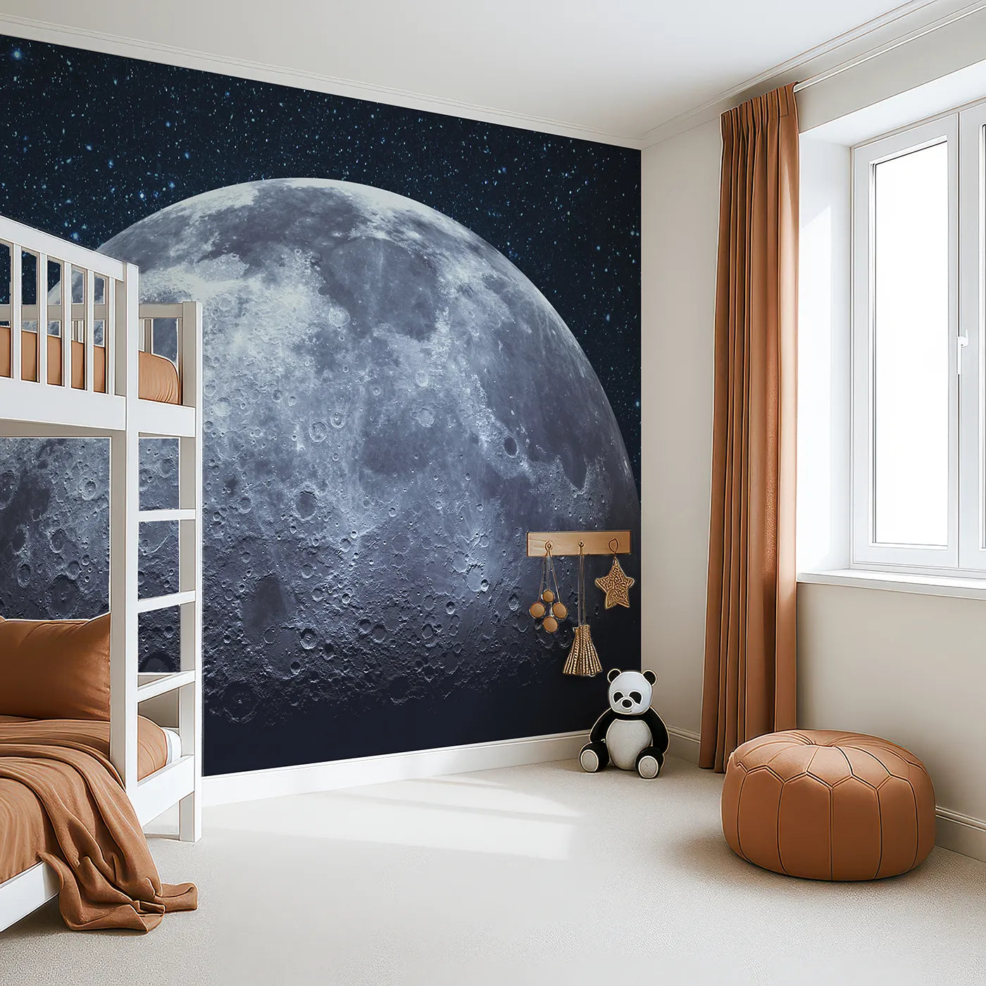 Angled view of Whimsy Tots' The Moon Wall Mural (Turn Their Room into an Epic, Lunar Landscape).Gender-Neutral