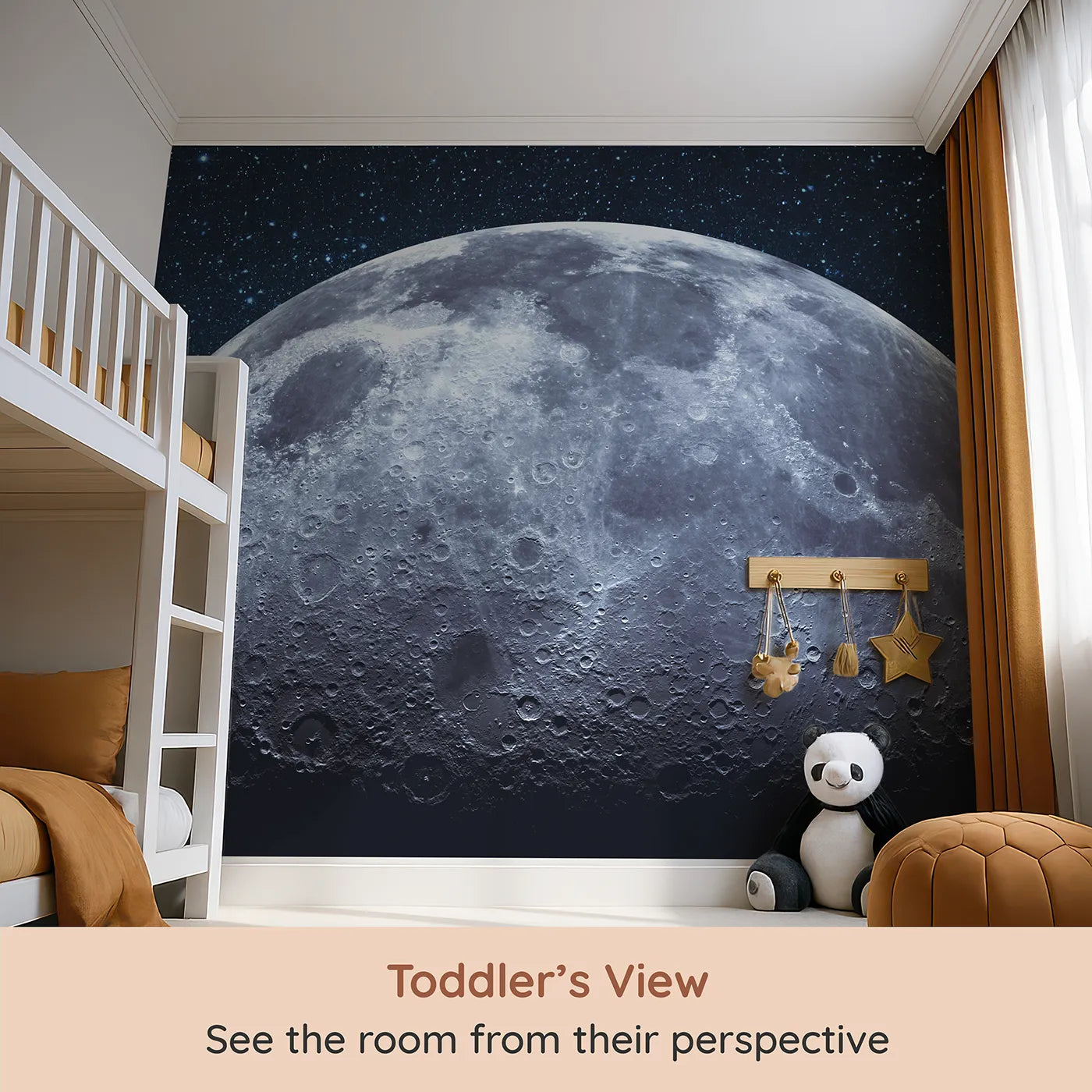 Whimsy Tots The Moon Wall Mural (Turn Their Room into an Epic, Lunar Landscape) from your child's view.Gender-Neutral