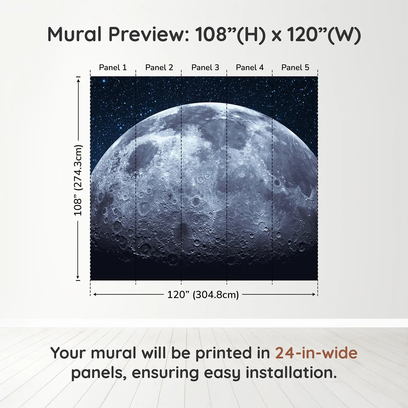 Whimsy Tots The Moon Wall Muraldimension view (108" H x 120" W). Printed in five 24-inch-wide panels. Gender-Neutral