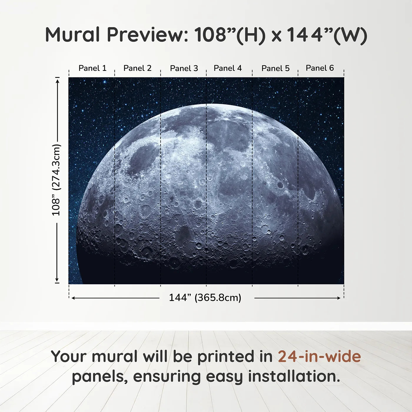 Whimsy Tots The Moon Wall Muraldimension view (108" H x 144" W). Printed in six 24-inch-wide panels. Gender-Neutral