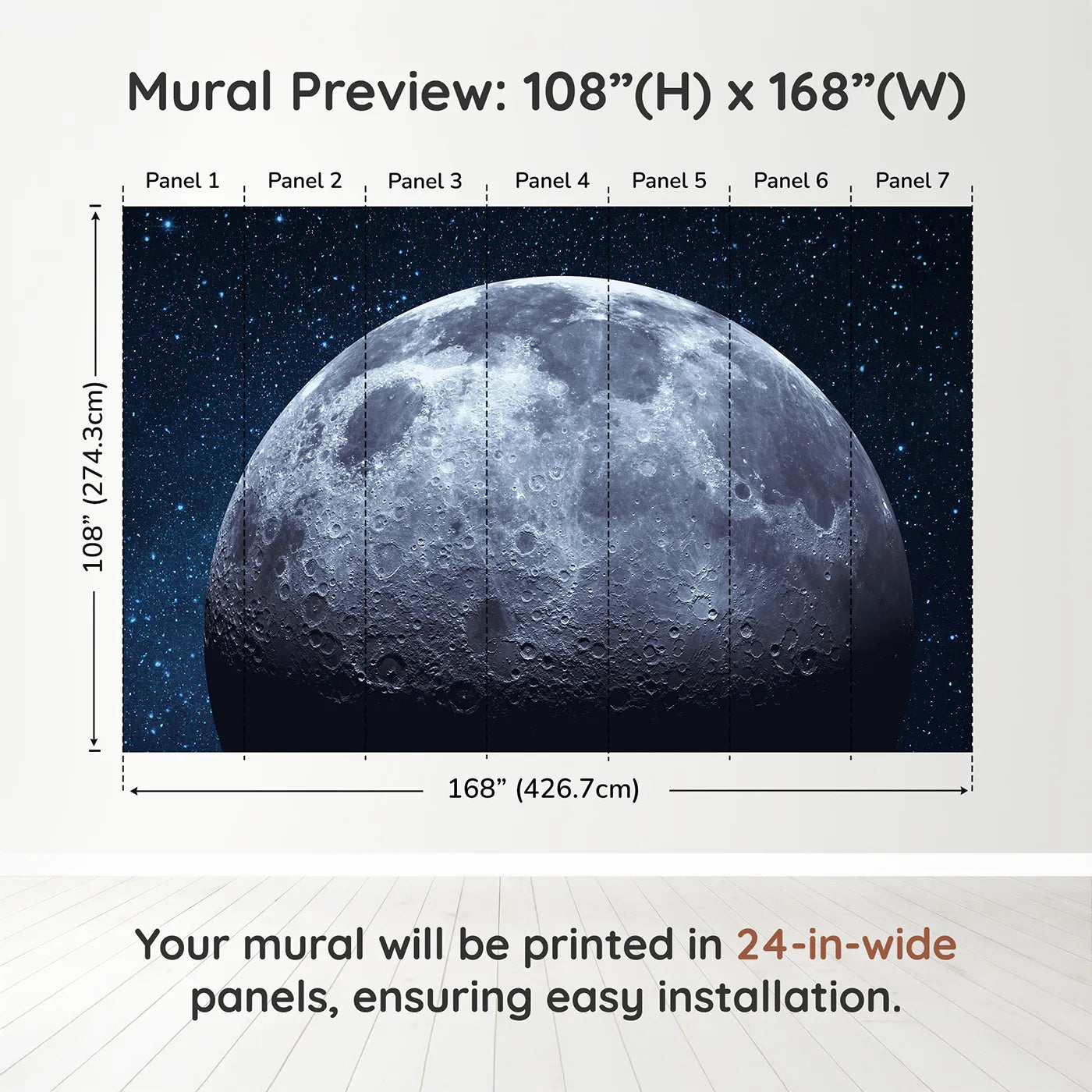 Whimsy Tots The Moon Wall Muraldimension view (108" H x 168" W). Printed in seven 24-inch-wide panels. Gender-Neutral