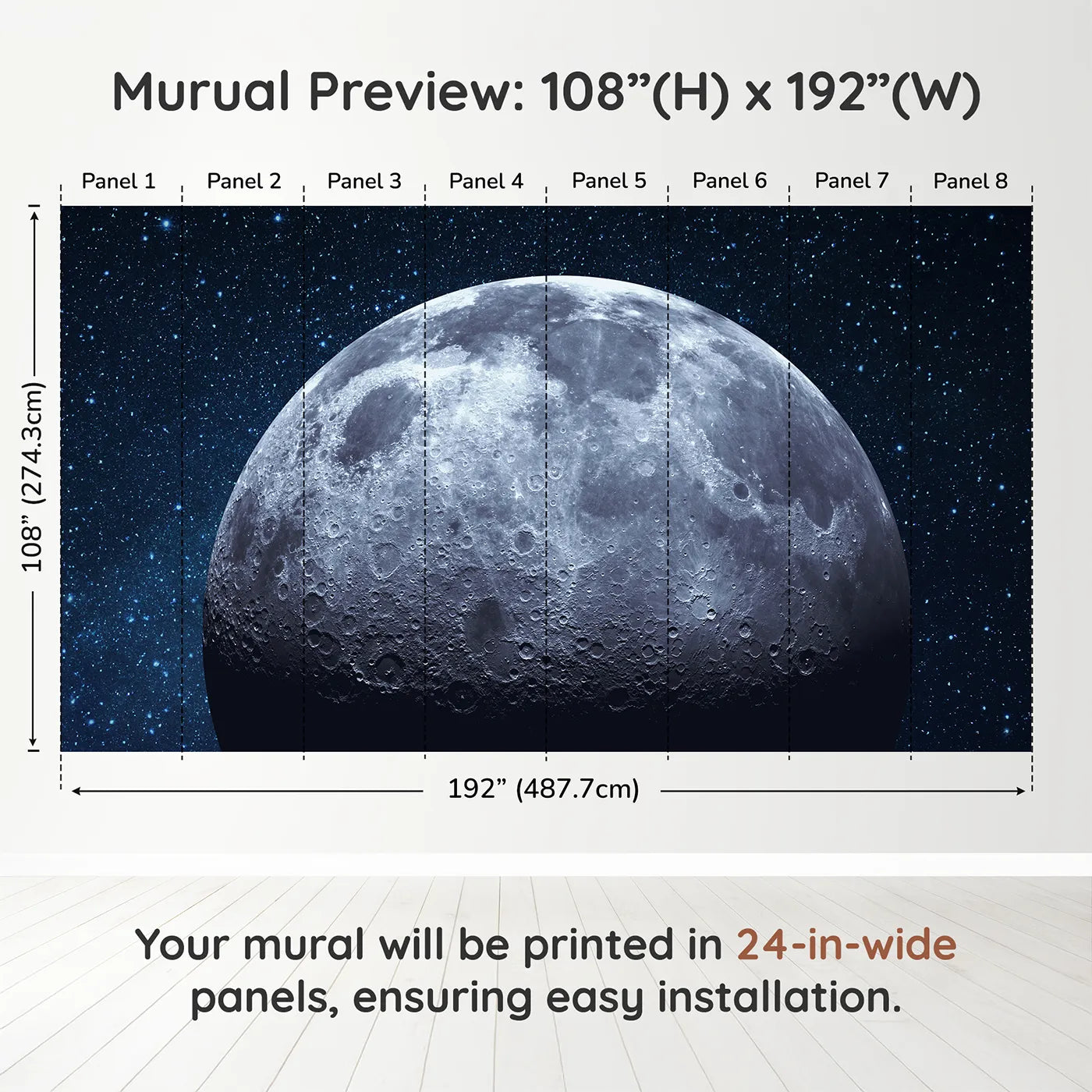 Whimsy Tots The Moon Wall Muraldimension view (108" H x 192" W). Printed in eight 24-inch-wide panels. Gender-Neutral