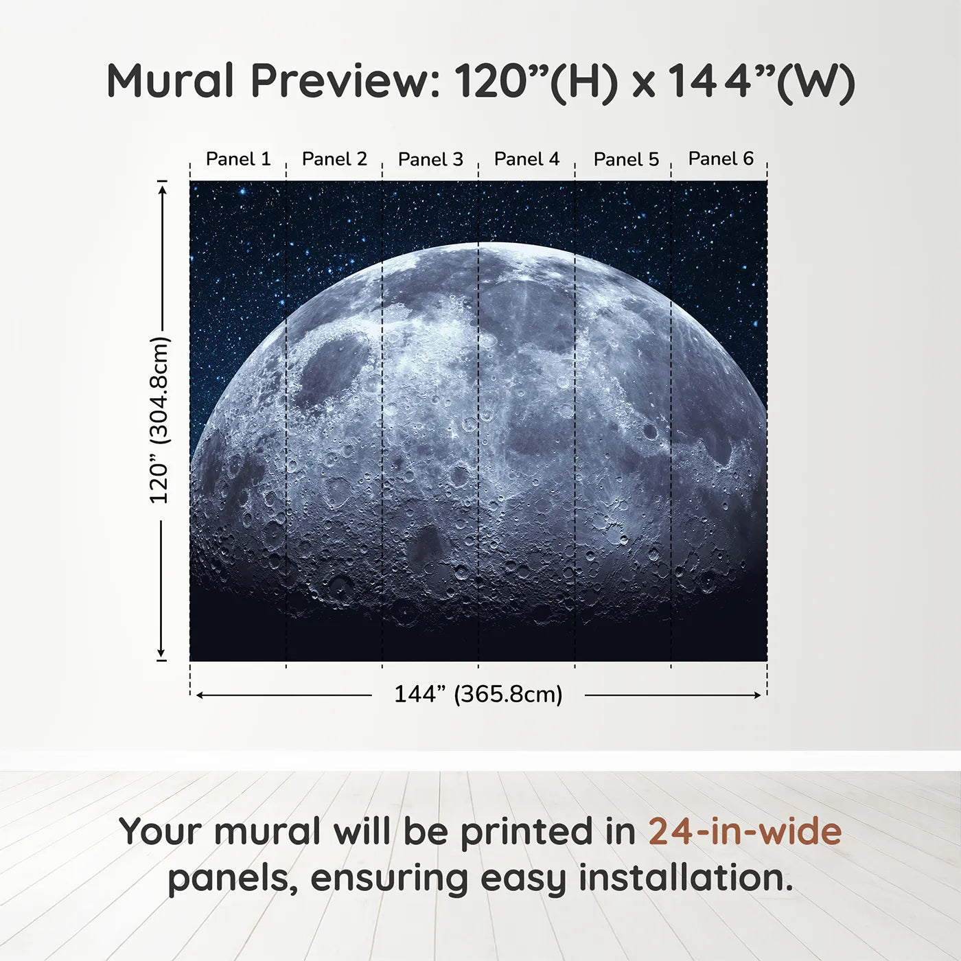 Whimsy Tots The Moon Wall Muraldimension view (120" H x 144" W). Printed in six 24-inch-wide panels. Gender-Neutral