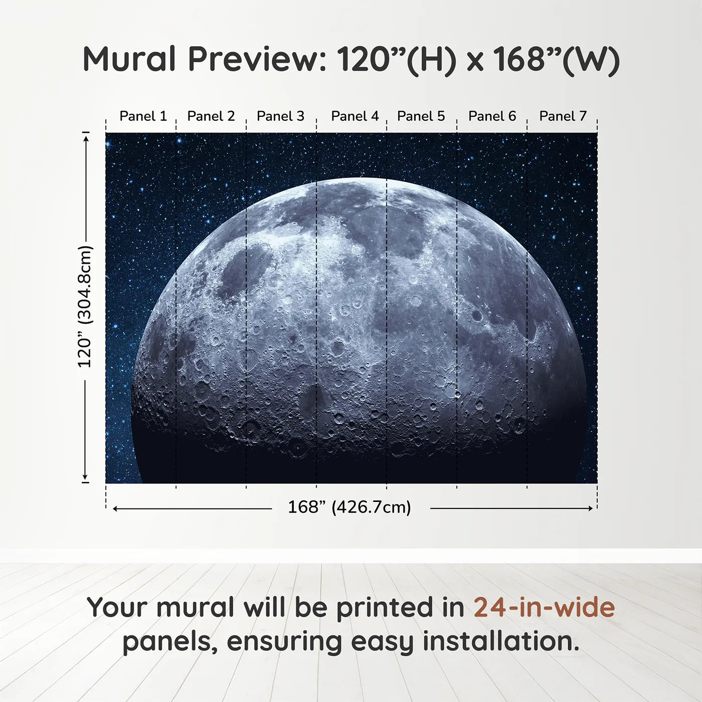 Whimsy Tots The Moon Wall Muraldimension view (120" H x 168" W). Printed in seven 24-inch-wide panels. Gender-Neutral