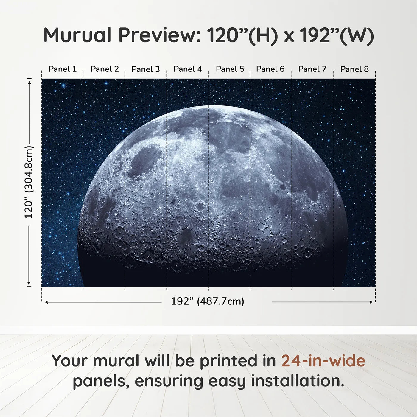 Whimsy Tots The Moon Wall Muraldimension view (120" H x 192" W). Printed in eight 24-inch-wide panels. Gender-Neutral