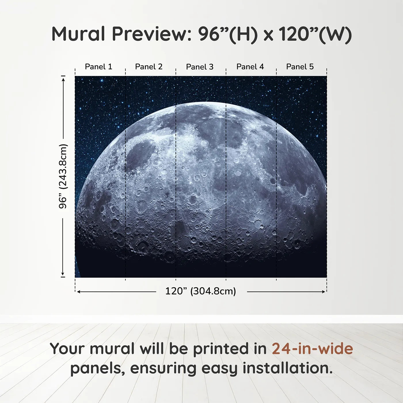 Whimsy Tots The Moon Wall Muraldimension view (96" H x 120" W). Printed in five 24-inch-wide panels. Gender-Neutral