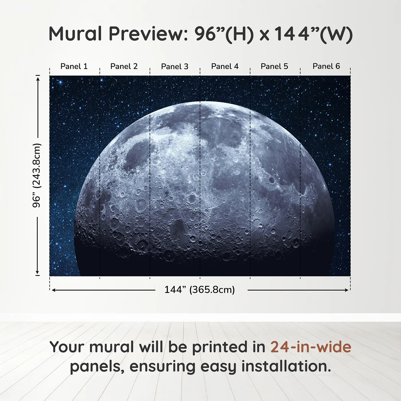 Whimsy Tots The Moon Wall Muraldimension view (96" H x 144" W). Printed in six 24-inch-wide panels. Gender-Neutral