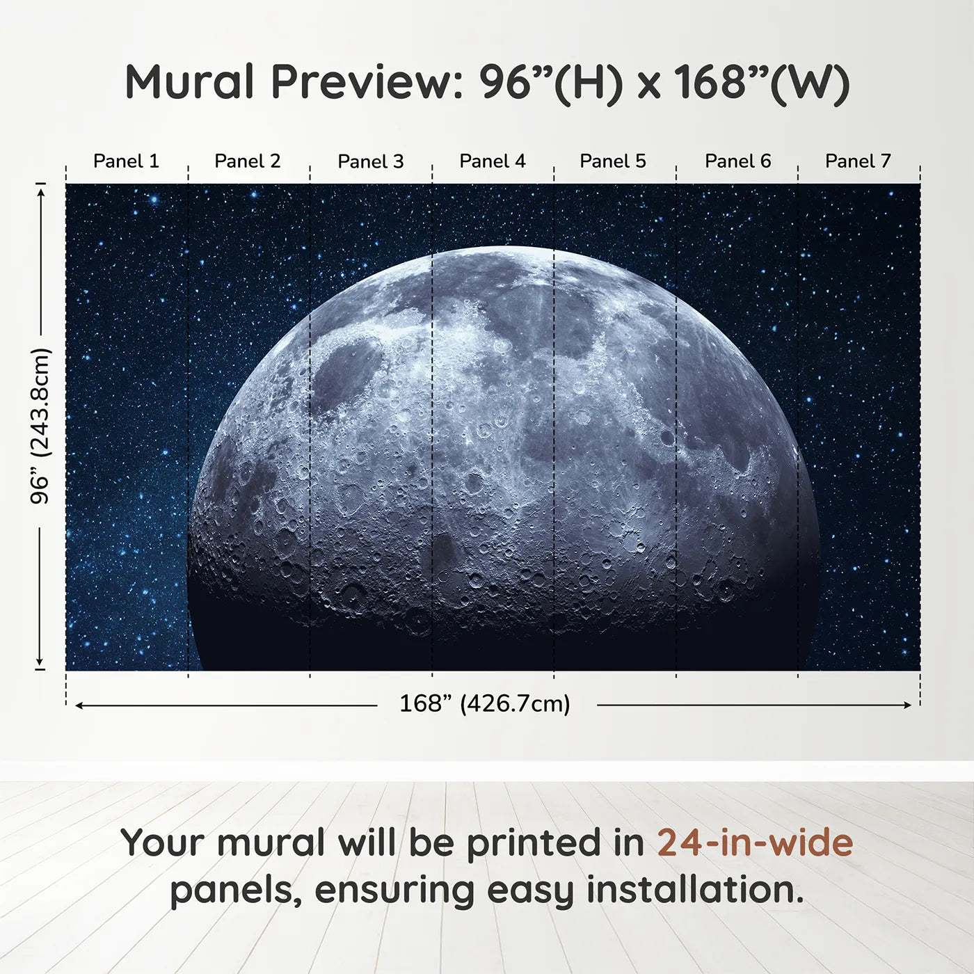 Whimsy Tots The Moon Wall Muraldimension view (96" H x 168" W). Printed in seven 24-inch-wide panels. Gender-Neutral