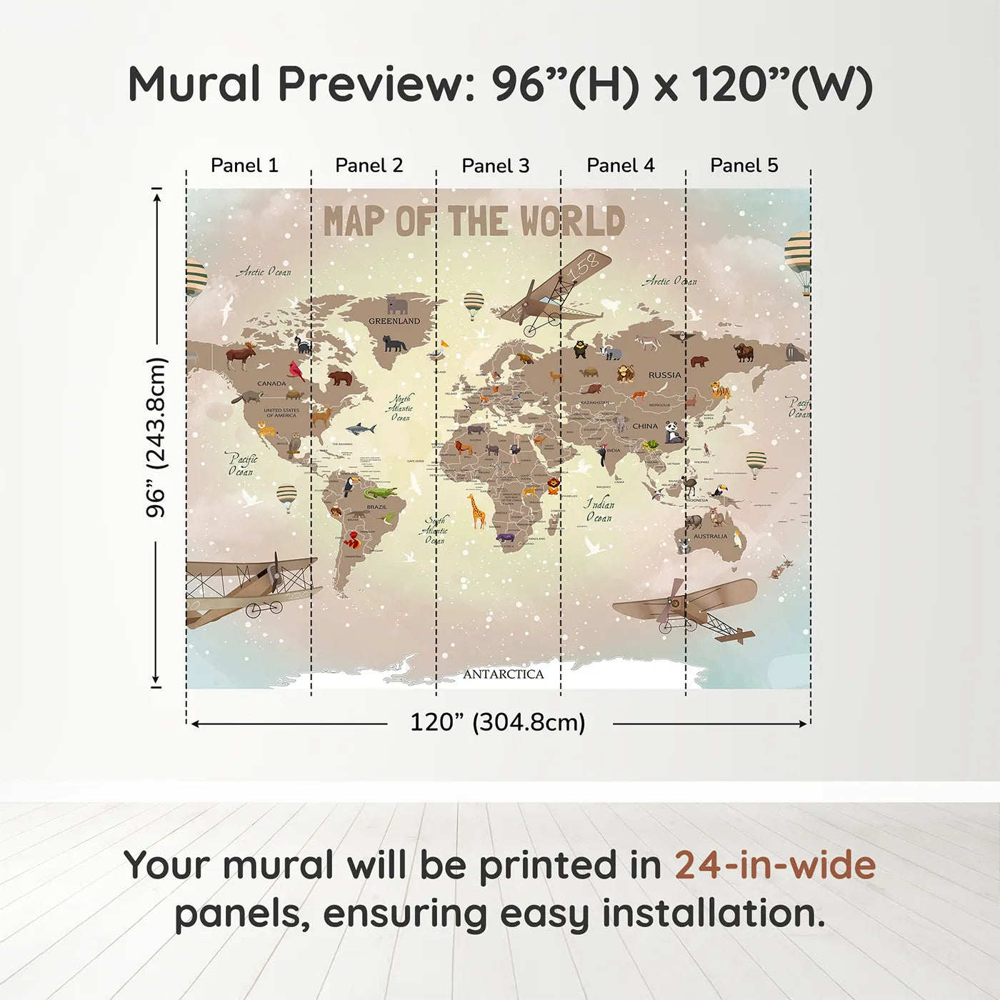 Whimsy Tots Vintage Animal Aviator World Map Wall Mural in Browndimension view (96" H x 120" W). Printed in five 24-inch-wide panels. Gender-Neutral
