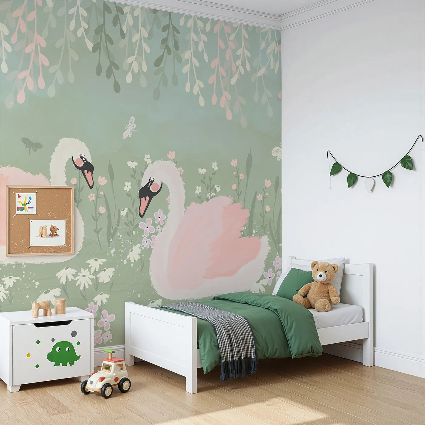 Angled view of Whimsy Tots' Pink Swan Lake Wall Mural (Turn Their Room into a Gentle, Romantic Waterside Scene).Best for Girls