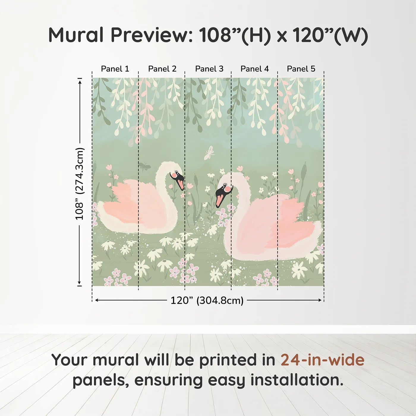 Whimsy Tots Pink Swan Lake Wall Muraldimension view (108" H x 120" W). Printed in five 24-inch-wide panels. Best for Girls