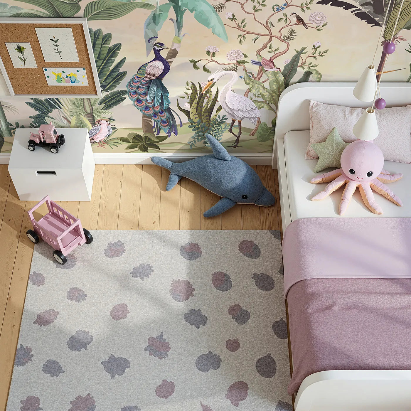 Top-down view of Whimsy Tots' Sunset Jungle Panorama Wall Mural (Turn Their Room into a Classic, Grand Safari Scene).Gender-Neutral