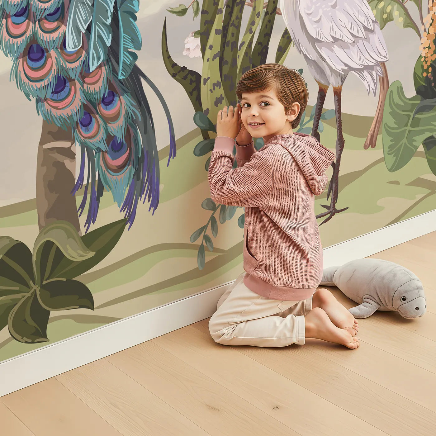 Child in front of Whimsy Tots Sunset Jungle Panorama Wall Mural with jungle, safari, vintage, animal, giraffe, zebra, sunset, tropical in design.