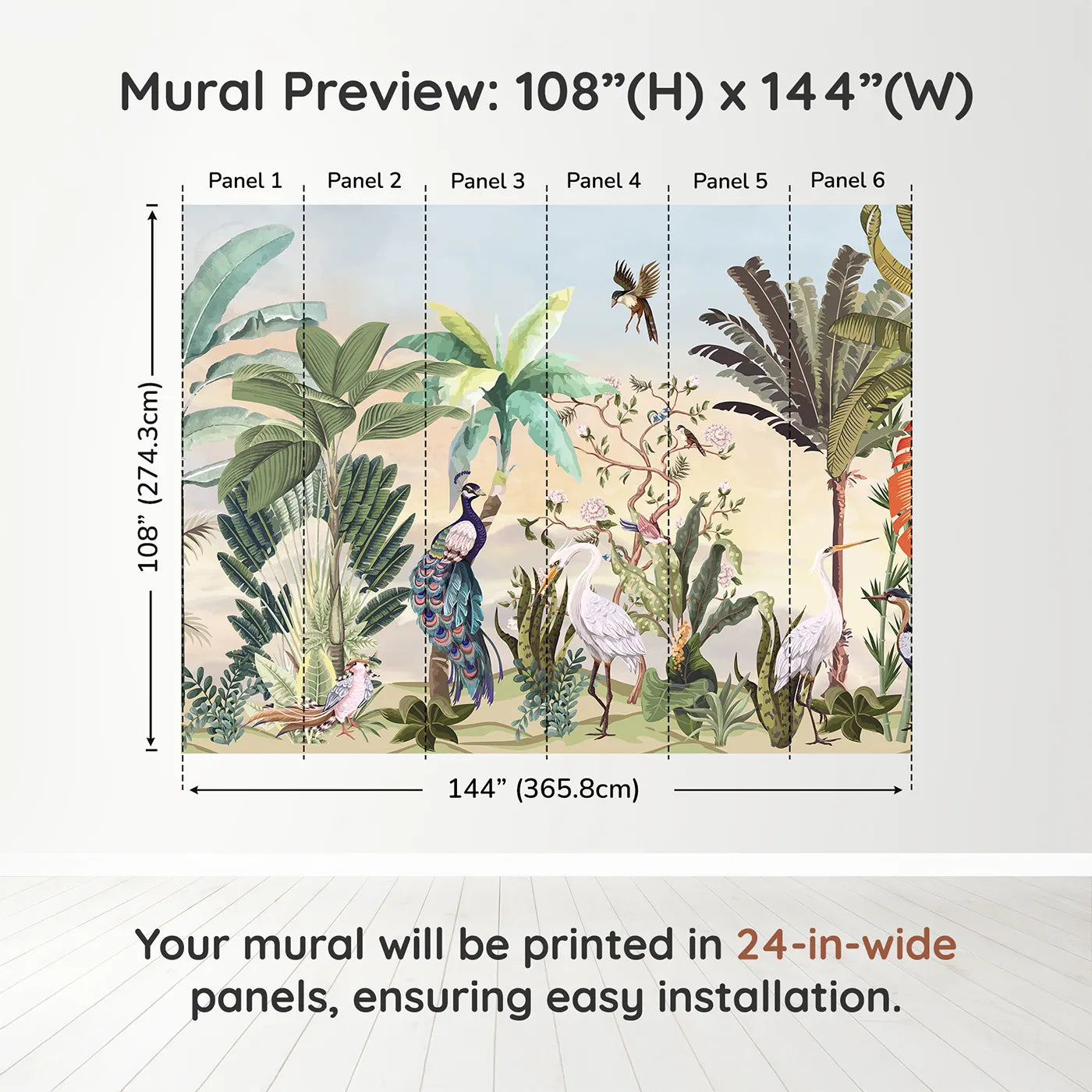 Whimsy Tots Sunset Jungle Panorama Wall Muraldimension view (108" H x 144" W). Printed in six 24-inch-wide panels. Gender-Neutral