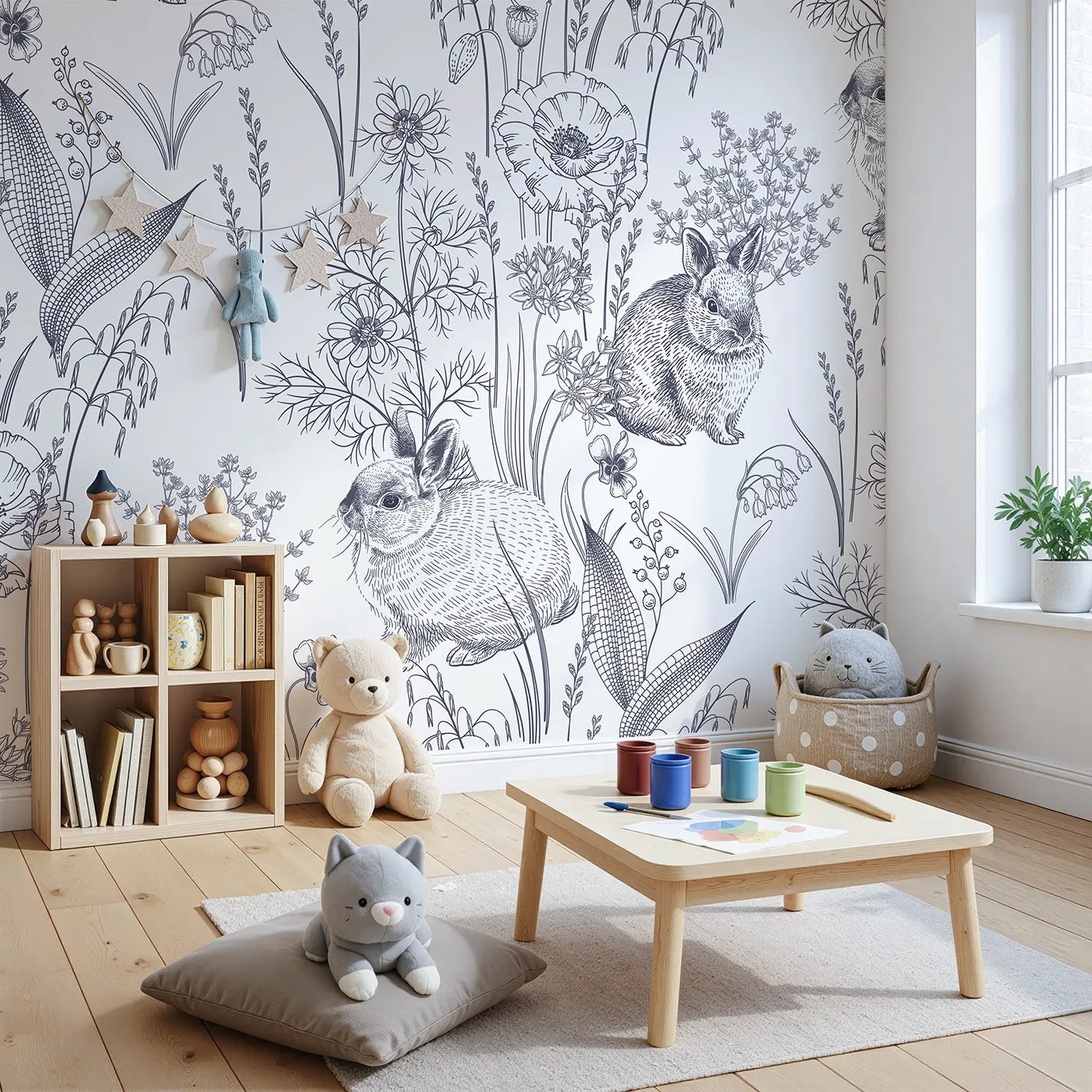 Angled view of Whimsy Tots' Vintage Rabbit Meadow Wall Mural (Turn Their Room into a Classic, Hand-Drawn Wildflower Field).Gender-Neutral