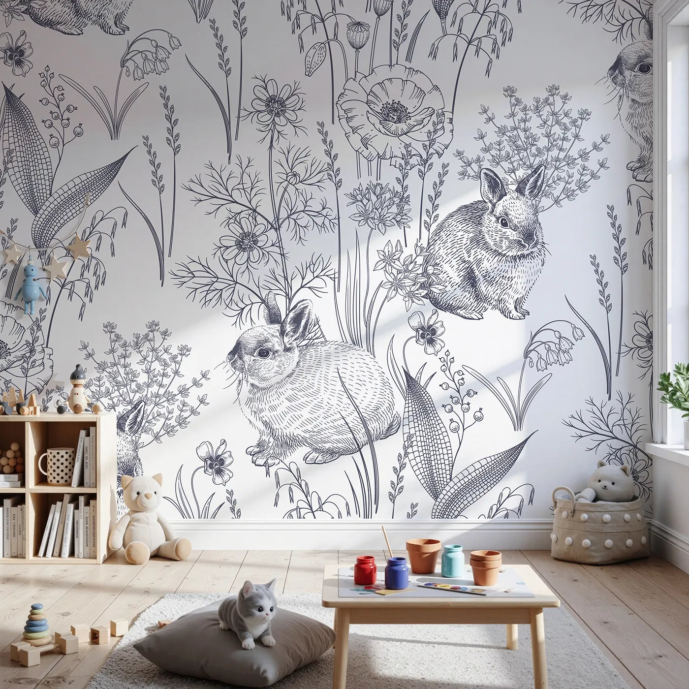 Front view of Whimsy Tots' Vintage Rabbit Meadow Wall Mural