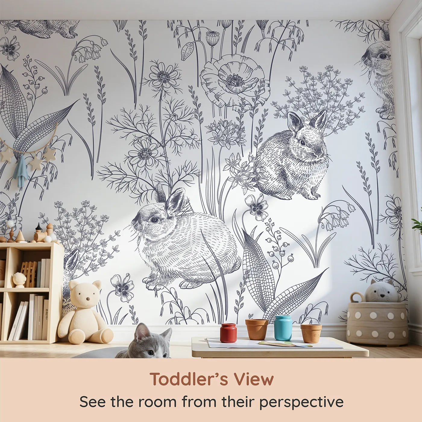 Whimsy Tots Vintage Rabbit Meadow Wall Mural (Turn Their Room into a Classic, Hand-Drawn Wildflower Field) from your child's view.Gender-Neutral