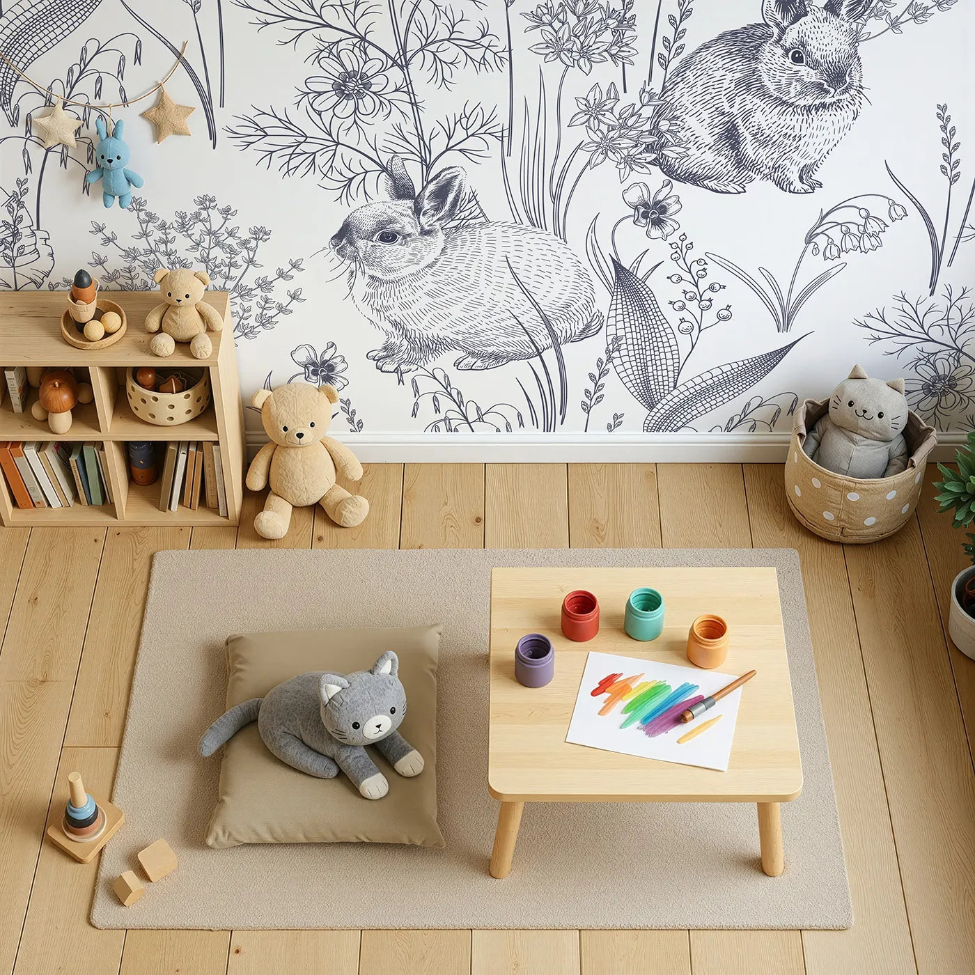 Top-down view of Whimsy Tots' Vintage Rabbit Meadow Wall Mural (Turn Their Room into a Classic, Hand-Drawn Wildflower Field).Gender-Neutral