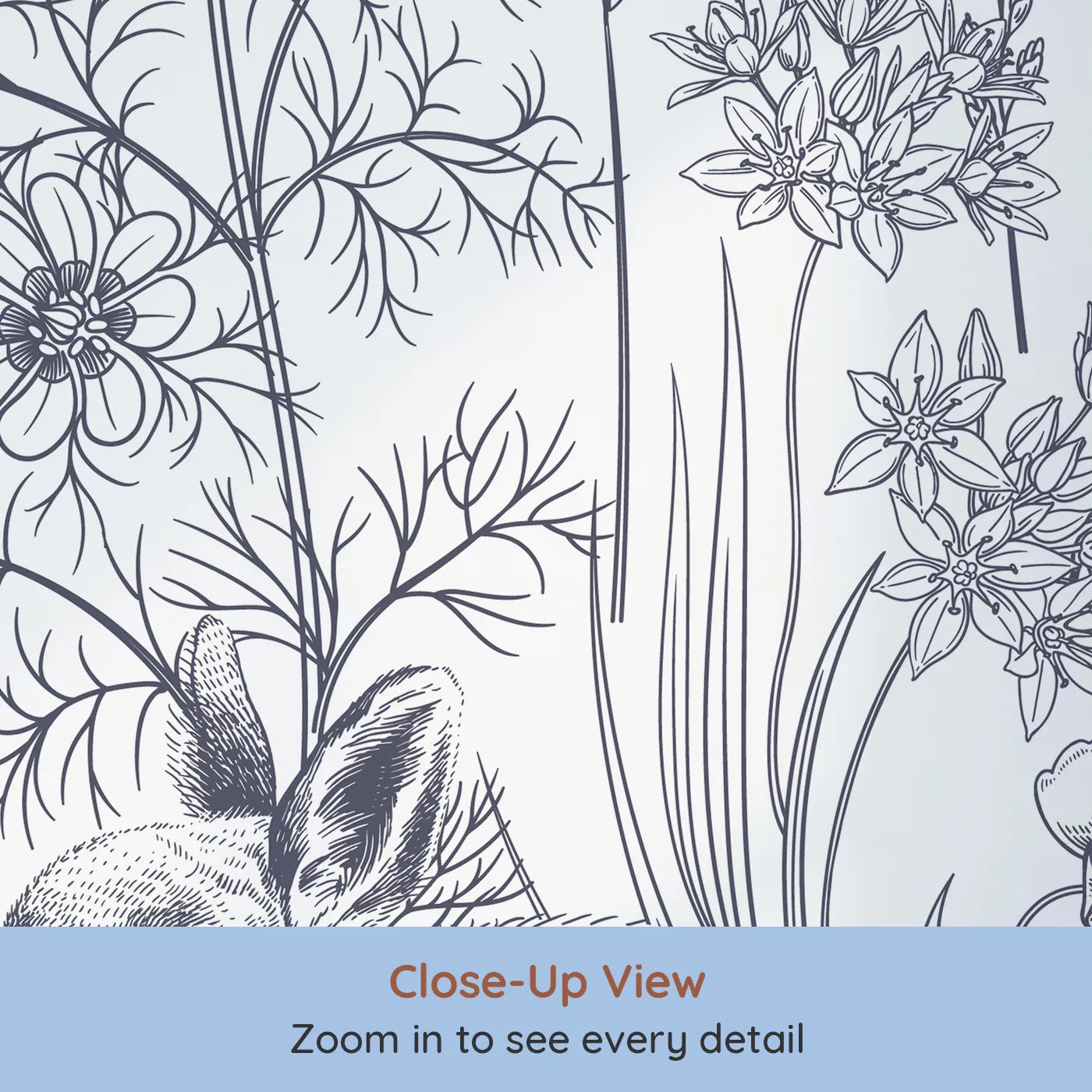 Close-up view of Whimsy Tots' Vintage Rabbit Meadow Wall Mural (Turn Their Room into a Classic, Hand-Drawn Wildflower Field).Gender-Neutral