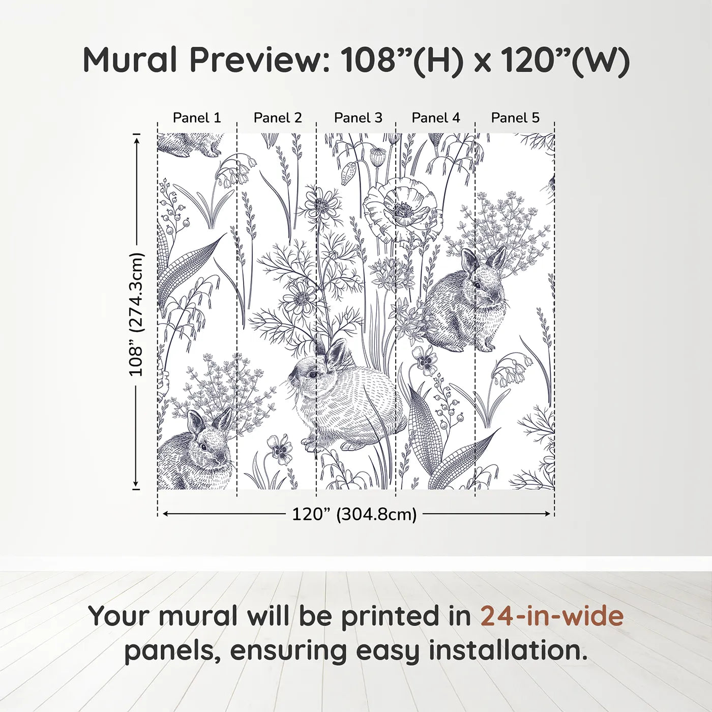 Whimsy Tots Vintage Rabbit Meadow Wall Muraldimension view (108" H x 120" W). Printed in five 24-inch-wide panels. Gender-Neutral