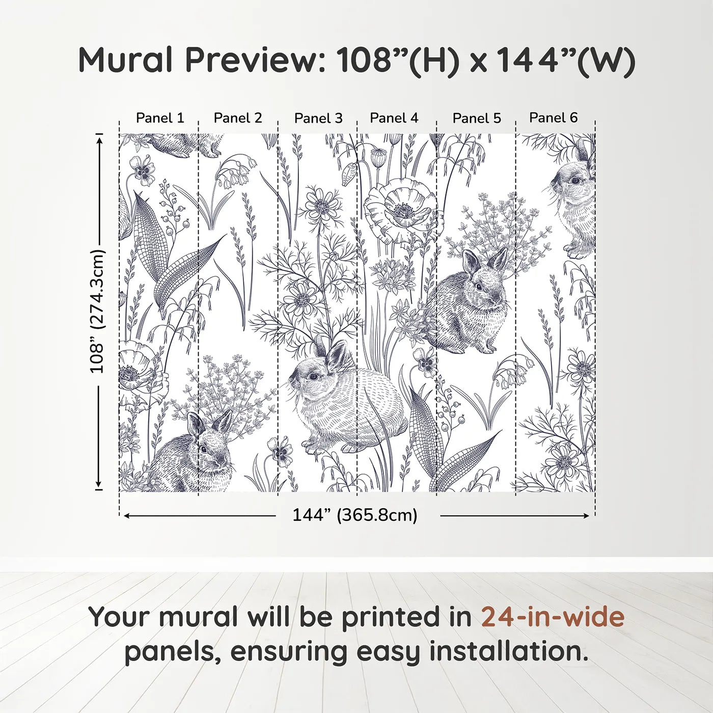 Whimsy Tots Vintage Rabbit Meadow Wall Muraldimension view (108" H x 144" W). Printed in six 24-inch-wide panels. Gender-Neutral