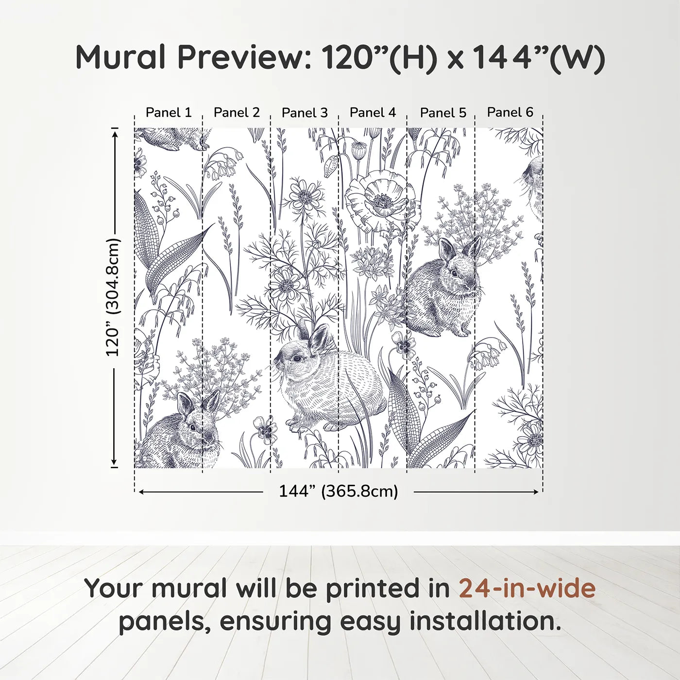 Whimsy Tots Vintage Rabbit Meadow Wall Muraldimension view (120" H x 144" W). Printed in six 24-inch-wide panels. Gender-Neutral