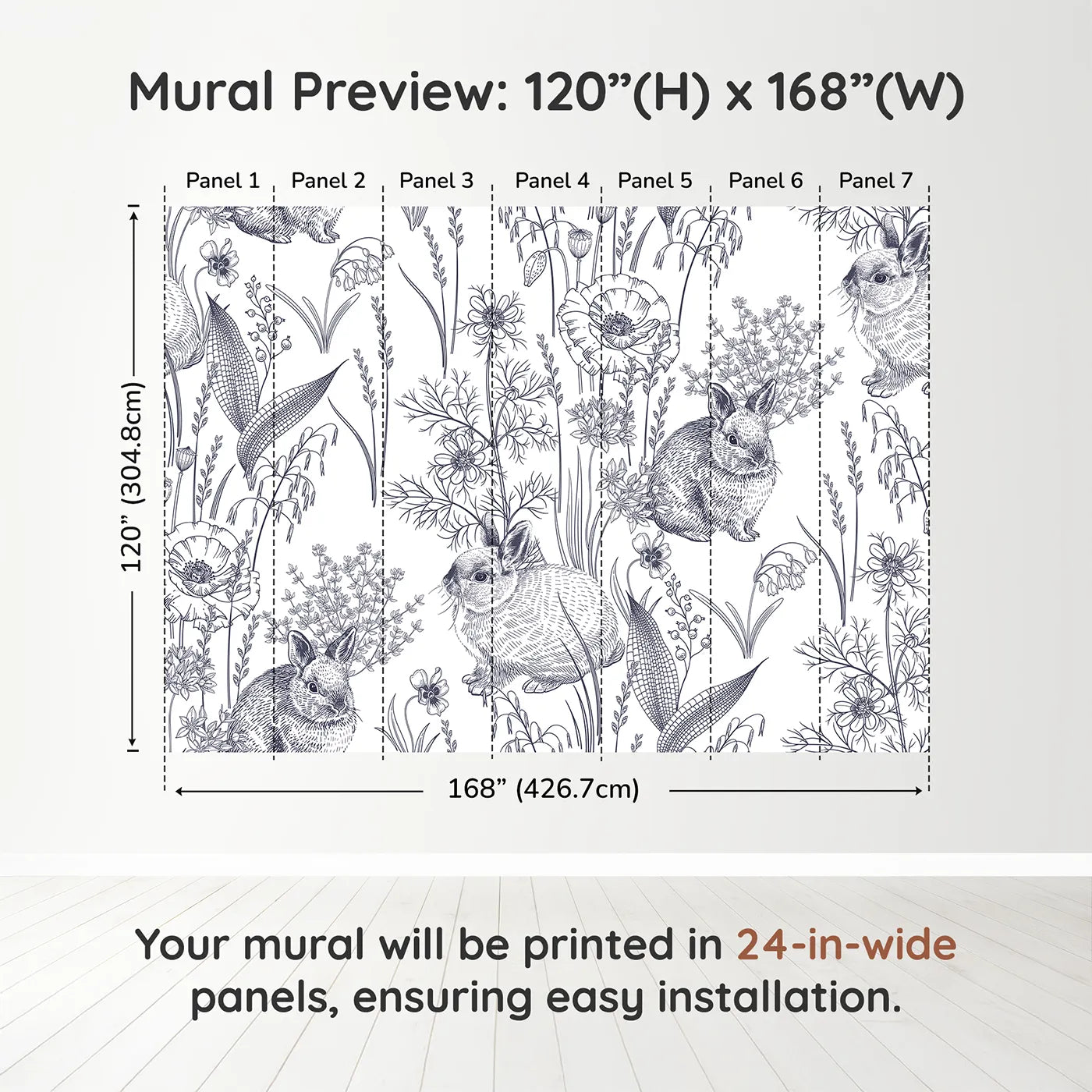 Whimsy Tots Vintage Rabbit Meadow Wall Muraldimension view (120" H x 168" W). Printed in seven 24-inch-wide panels. Gender-Neutral