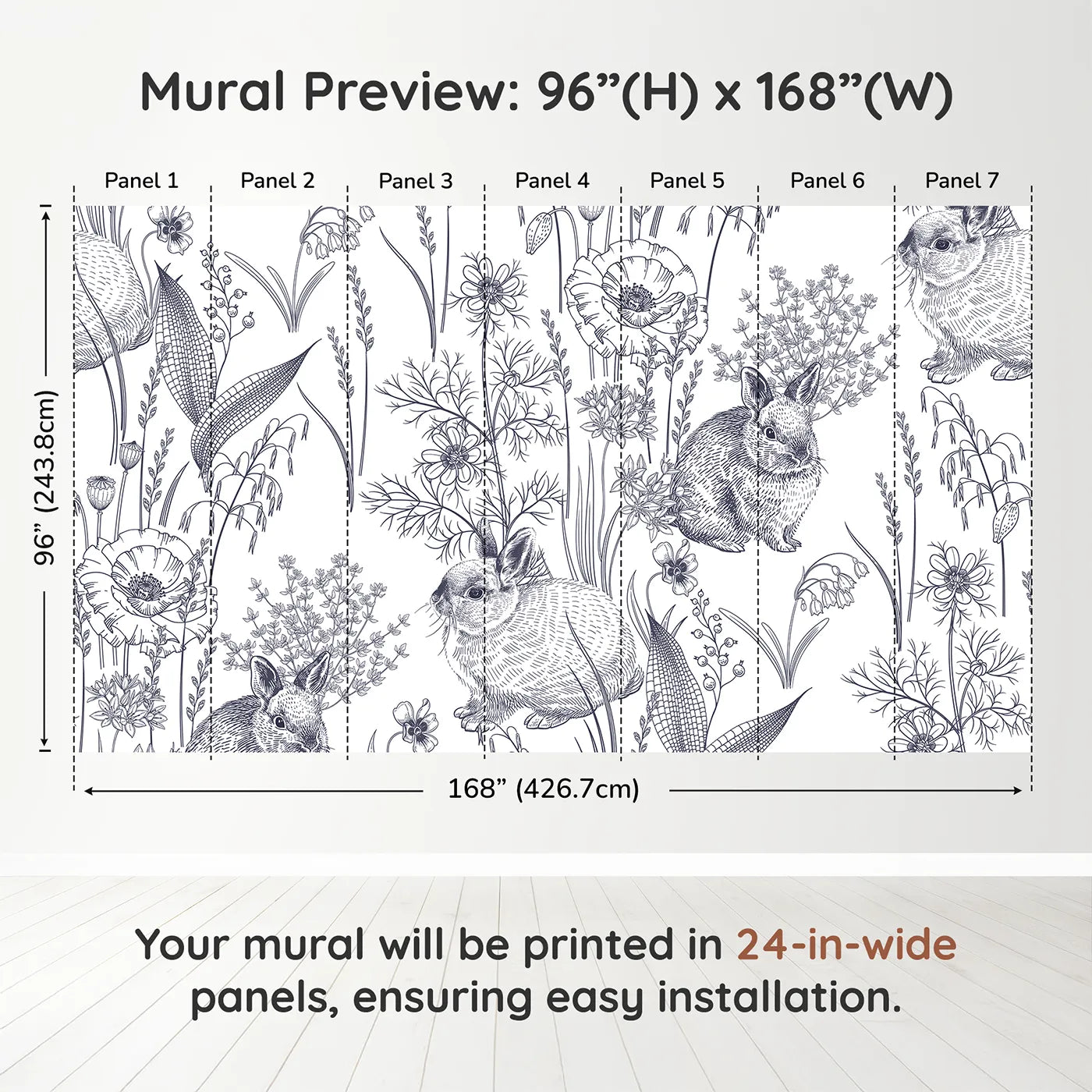 Whimsy Tots Vintage Rabbit Meadow Wall Muraldimension view (96" H x 168" W). Printed in seven 24-inch-wide panels. Gender-Neutral