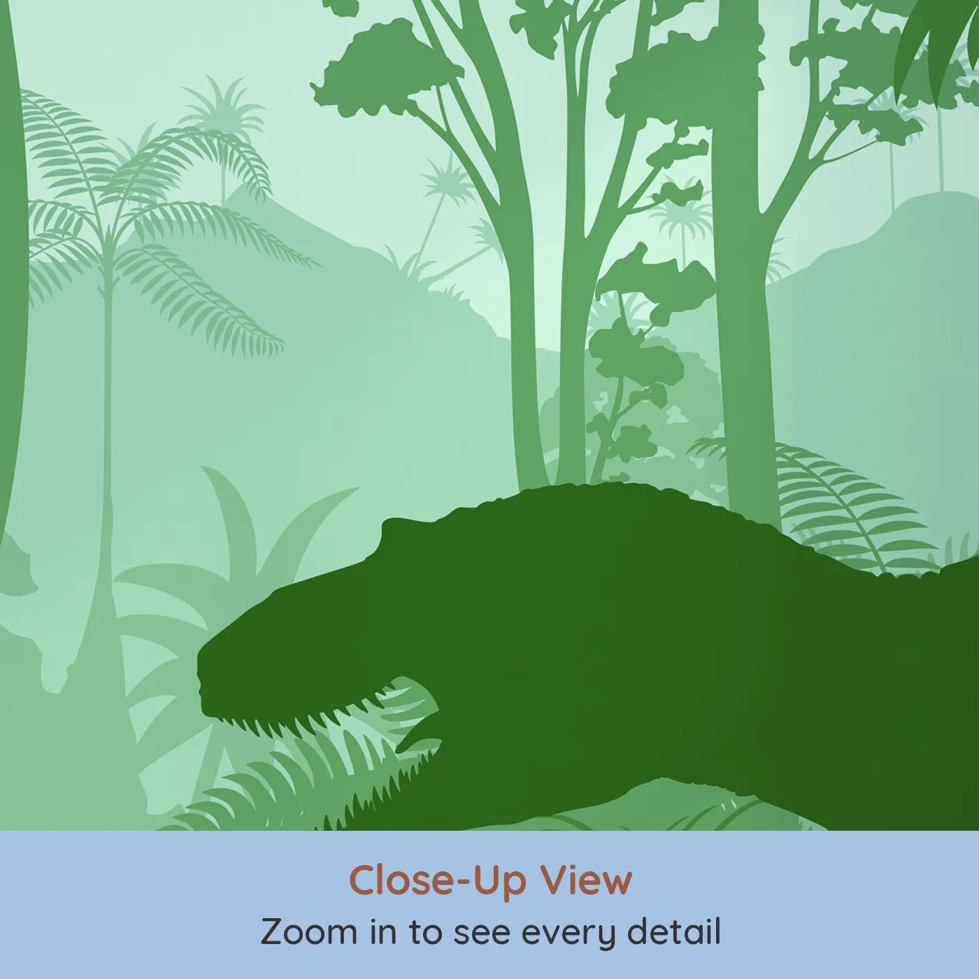 Close-up view of Whimsy Tots' Green Dinosaur Silhouette Wall Mural (Turn Their Room into a Lush and Layered Prehistoric World).Gender-Neutral