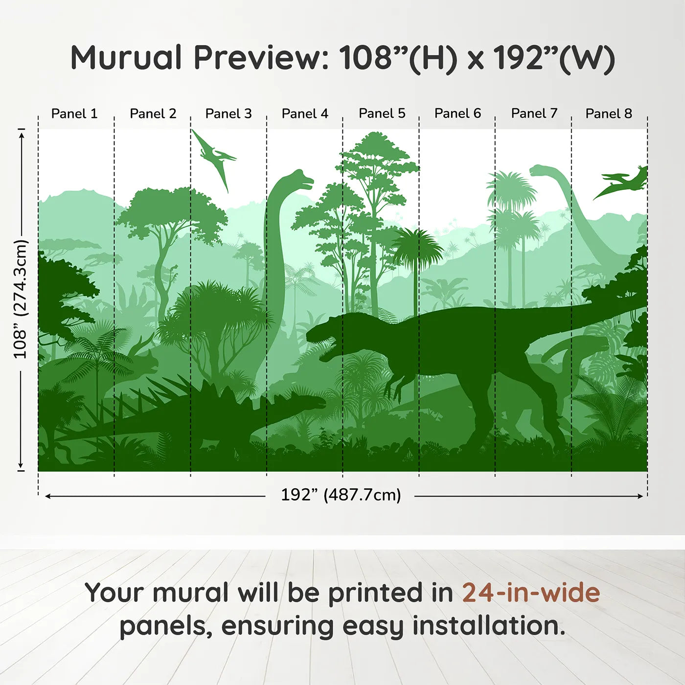 Whimsy Tots Green Dinosaur Silhouette Wall Muraldimension view (108" H x 192" W). Printed in eight 24-inch-wide panels. Gender-Neutral
