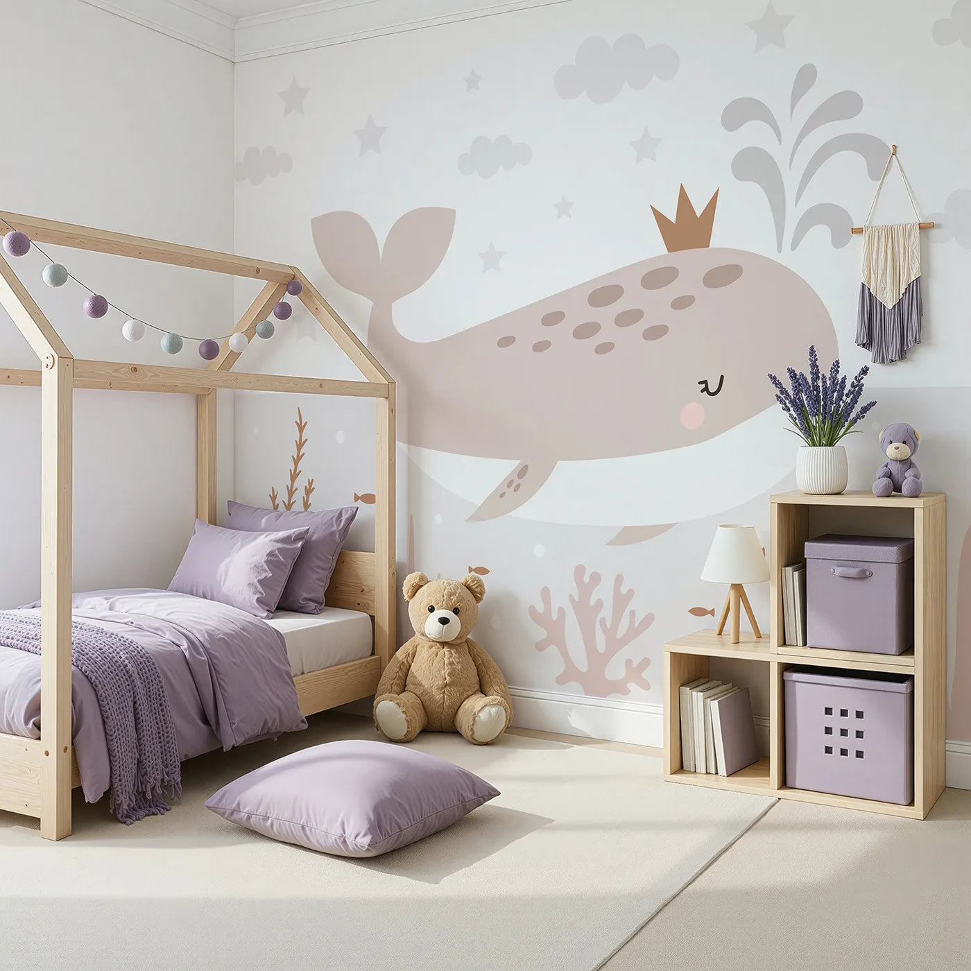Angled view of Whimsy Tots' Crowned Whale Wall Mural (Turn Their Room into the Sweetest, Gentlest Ocean Kingdom).Gender-Neutral
