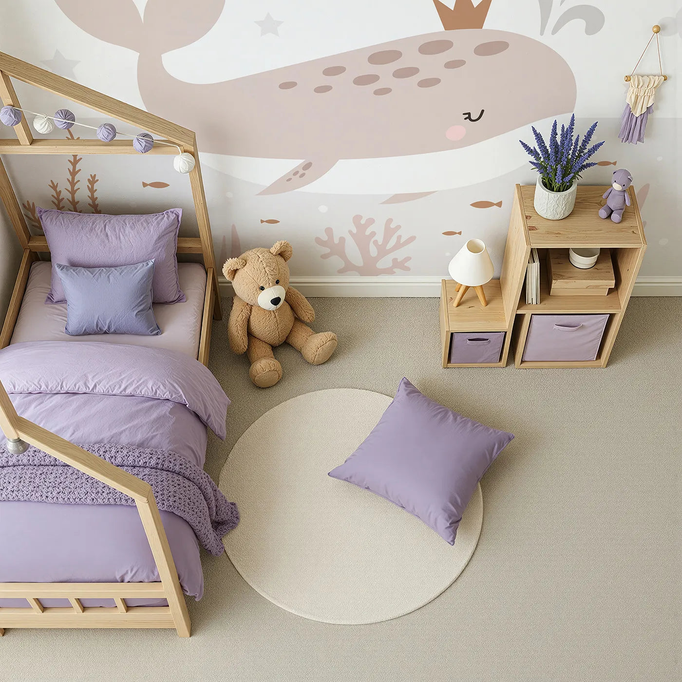 Top-down view of Whimsy Tots' Crowned Whale Wall Mural (Turn Their Room into the Sweetest, Gentlest Ocean Kingdom).Gender-Neutral
